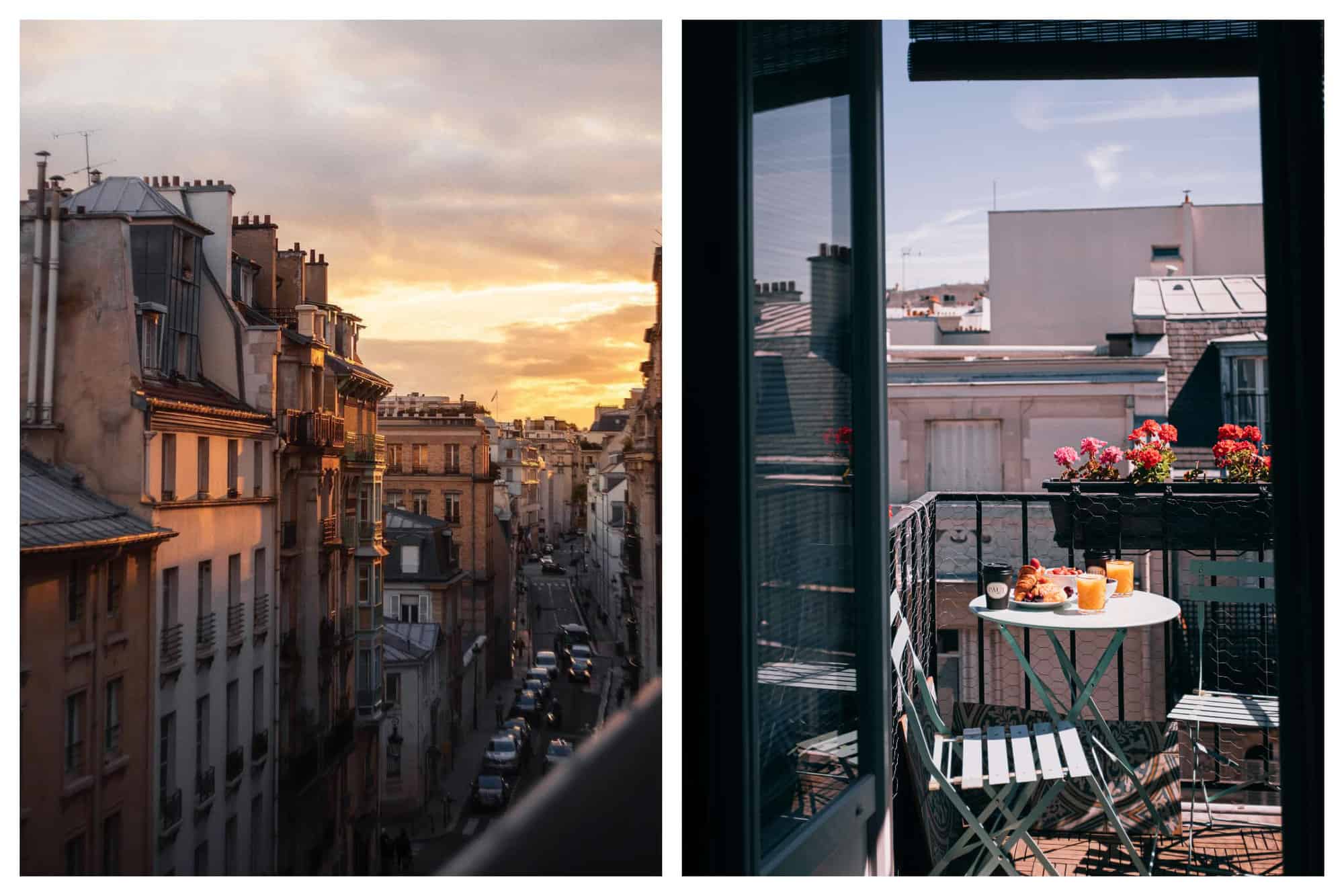 Left: A Parisian street during sunset, with its street lined with cars and buildings and with an orange cloudy sky. Right: A Parisian balcony with brunch food and drinks on the table, such as croissants, coffee, and orange juice.