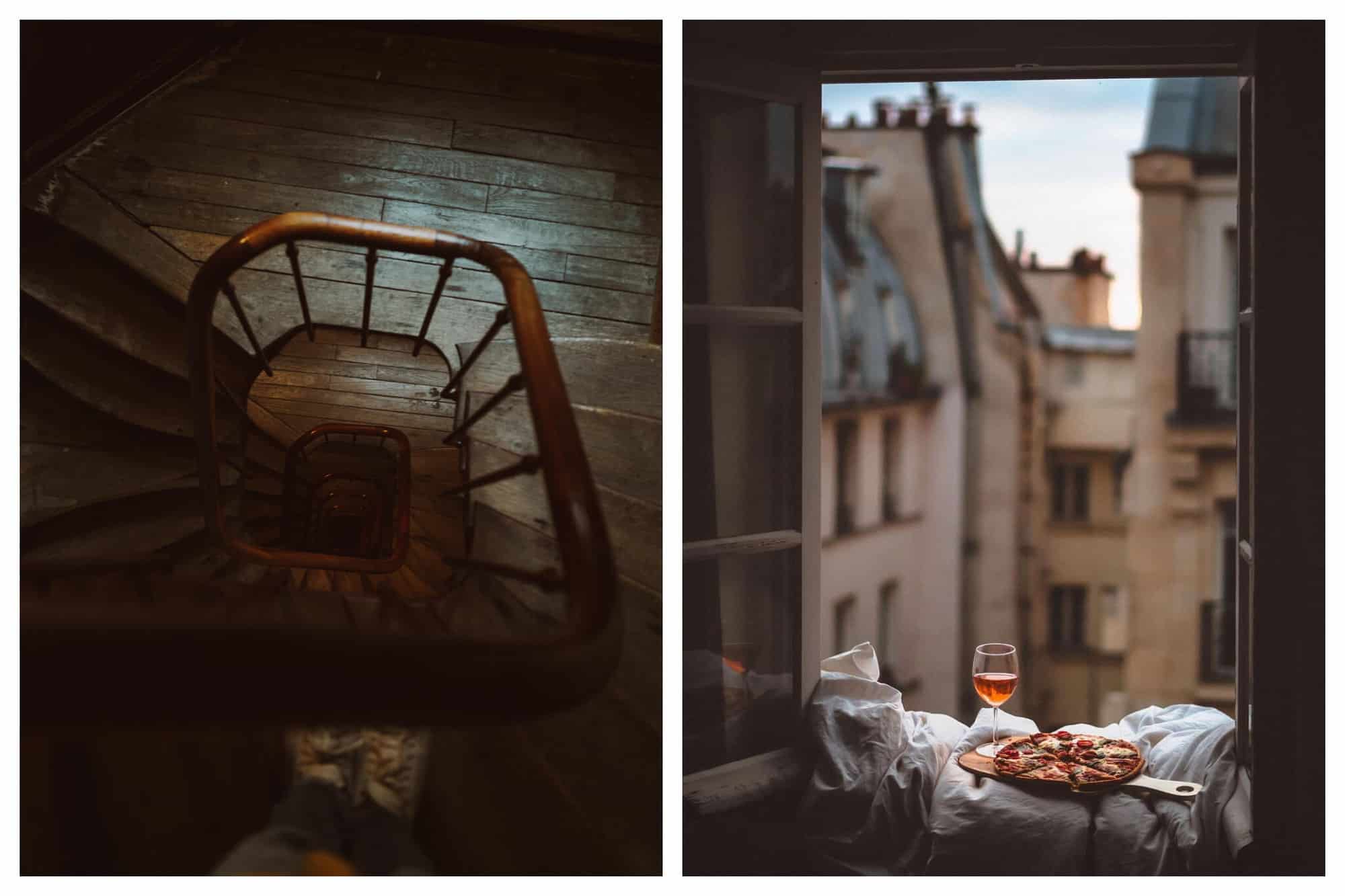 Left: A wooden, Parisian staircase that leads to the Chambre de Bonne apartments. Right: A pan of pizza with a glass of rose sits on a Parisian window overlooking other Parisian buildings.