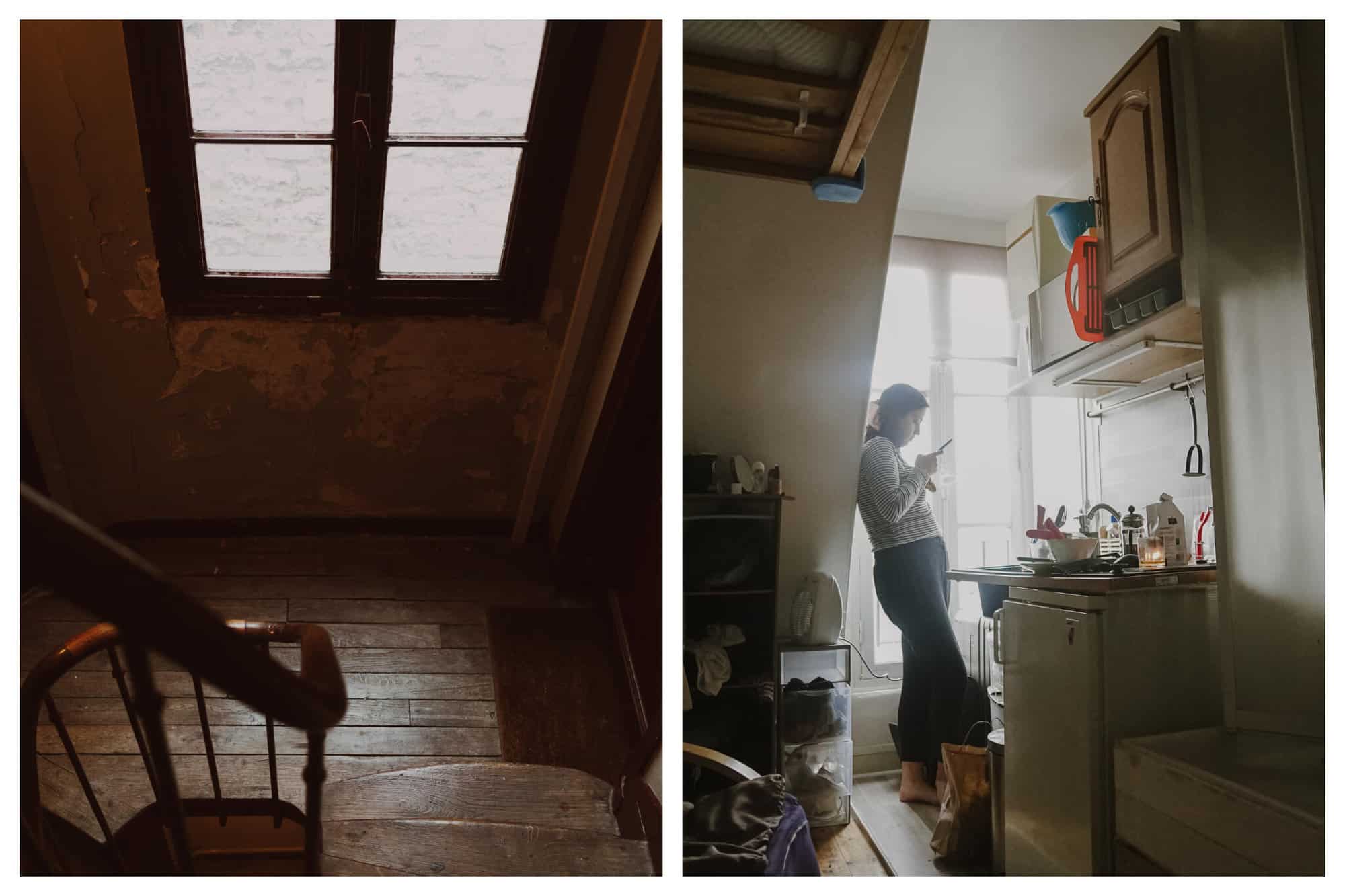 Left: A wooden, Parisian staircase that leads to the Chambre de Bonne apartments. Right: The author is standing beside her kitchen sink, texting on her phone, inside her chambre de bonne.