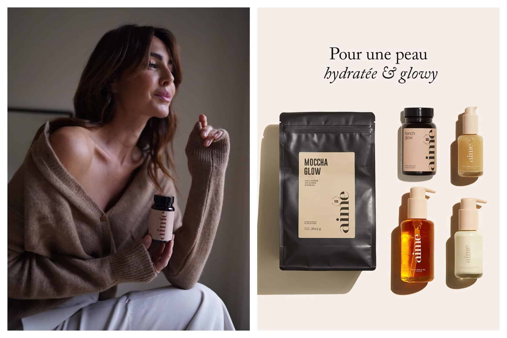 Left: a brunette woman in a brown knit holding a bottle of AIME dietary supplements. Right: the words 'Pour une peau hydratée & glowy' above various products from AIME. 