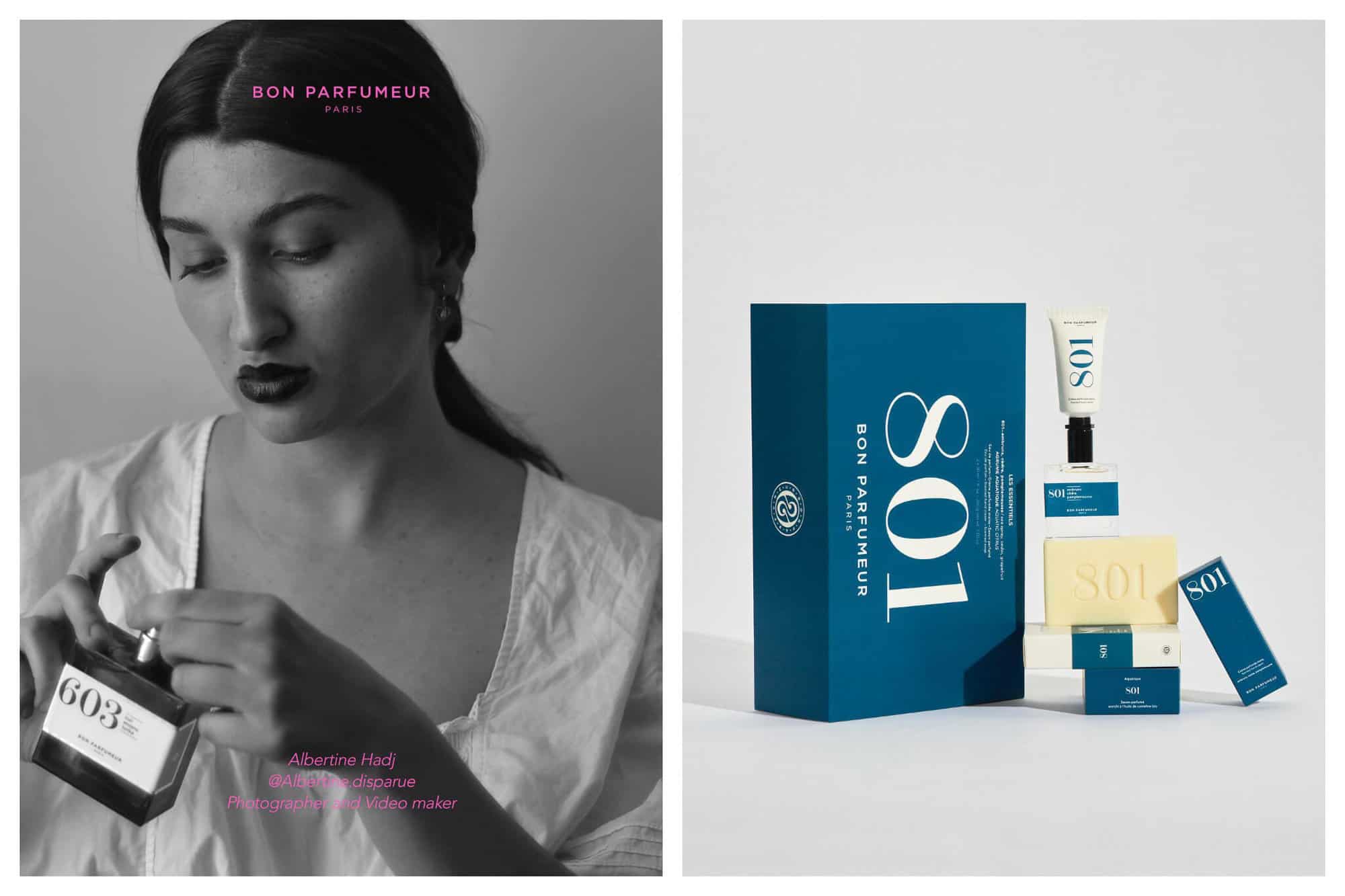 Left: a black and white image of a woman holding a bottle of Bon Parfumeur's perfume. Right: various products by Bon Parfumeur.