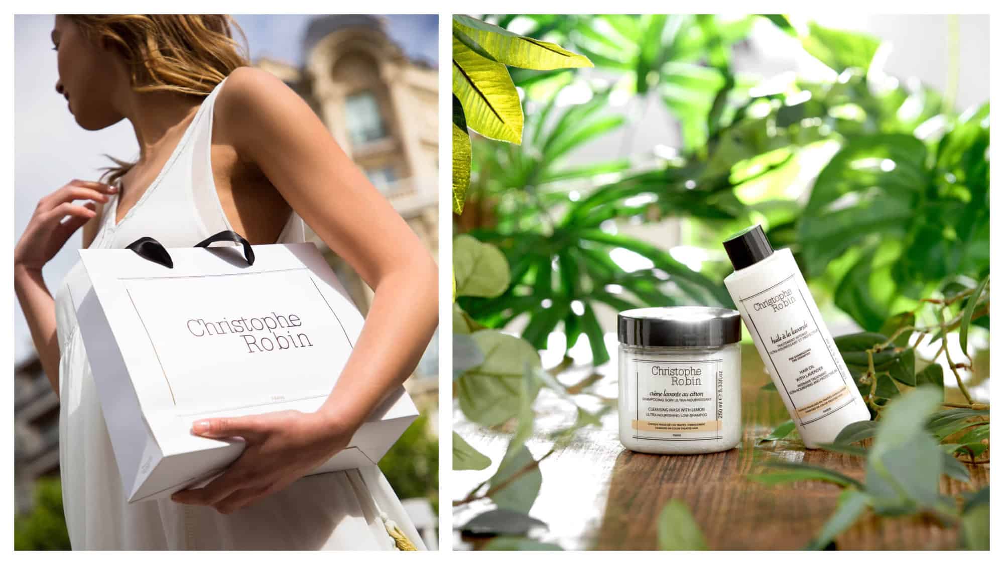 Left: a blonde woman in a white dress holding a bag from Christophe Robin in front of a Parisian building. Right: Two Christophe Robin products on a wooden table surrounded by green plants. 