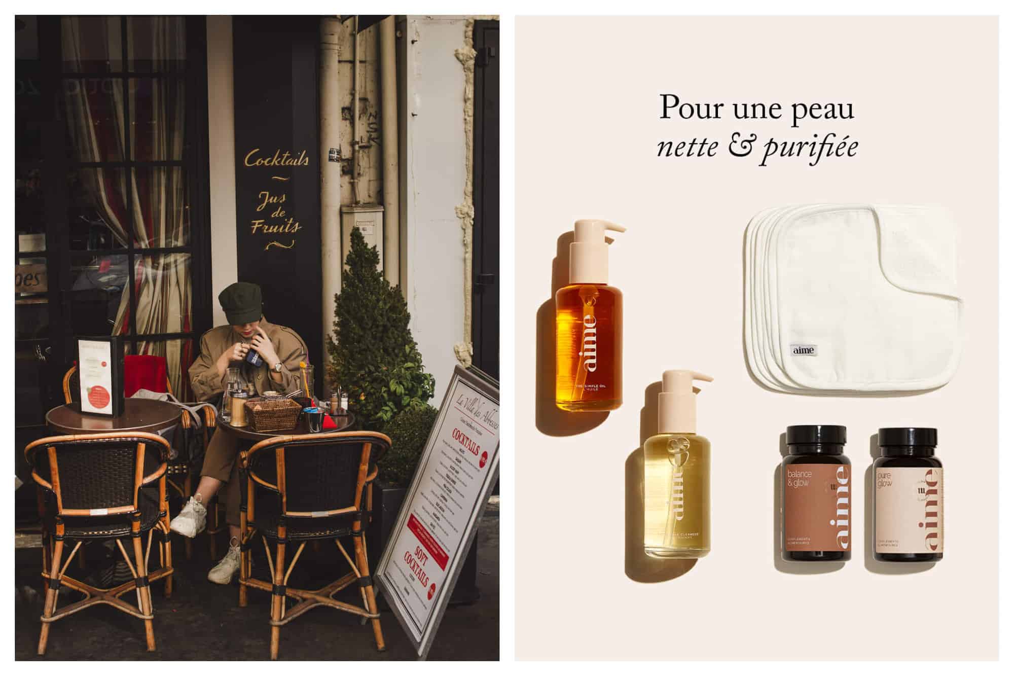 Left: a woman sitting at a table on a Parisian terrasse. Right: the words 'Pour une peau nette & purifiée' above various products by AIME.
