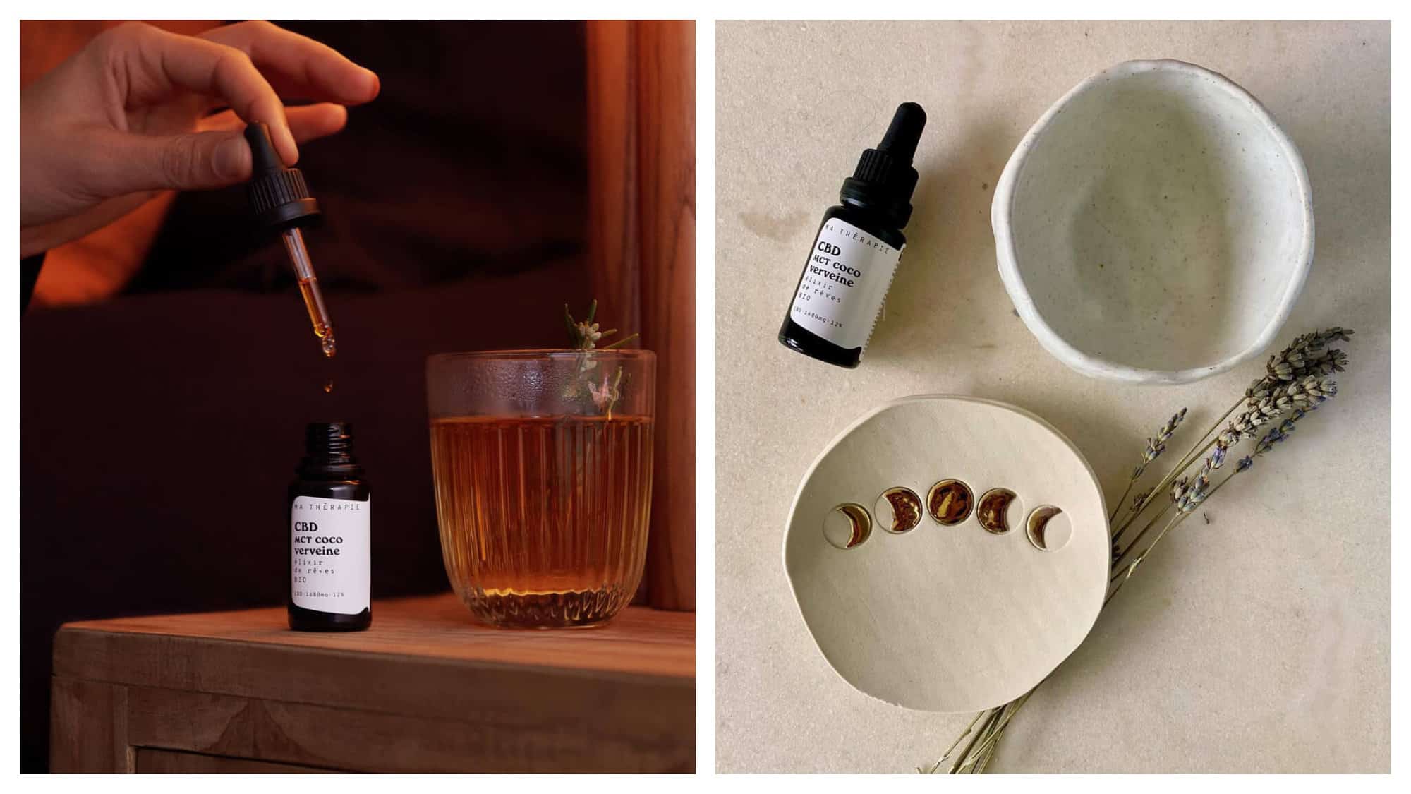 Left: a woman putting some drops of Ma Thérapie's CBD elixir into a glass of tea. Right: a bottle of Ma Thérapie's CBD elixir next to a bowl, plate, and sprigs of lavender. 