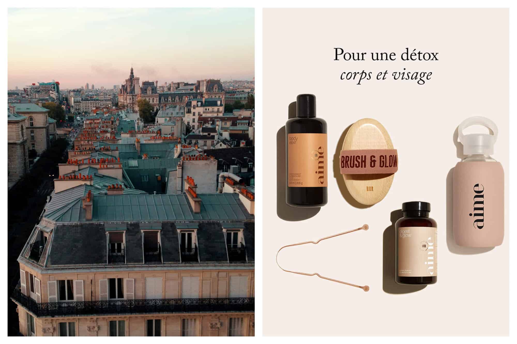 Left: a view of Parisian rooftops at dusk, with Hotel de Ville in the background. Right: the words 'Pour une détox corps et visage' above various products by AIME.
