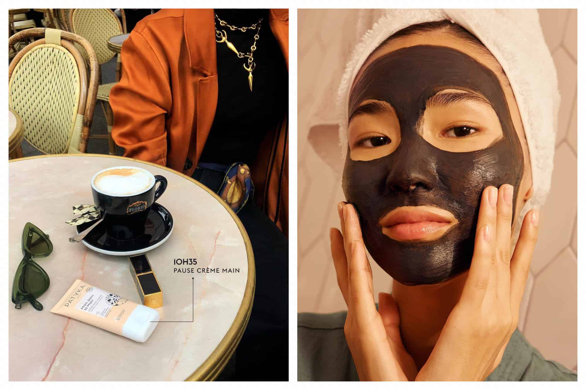 Left: a woman in a burnt orange blazer sitting on a Parisian terrasse with a coffee, lipstick, sunglasses and a PATYKA hand cream on the table. Right: a woman in a bathroom with her hair in a towel and a face mask on by PATYKA.