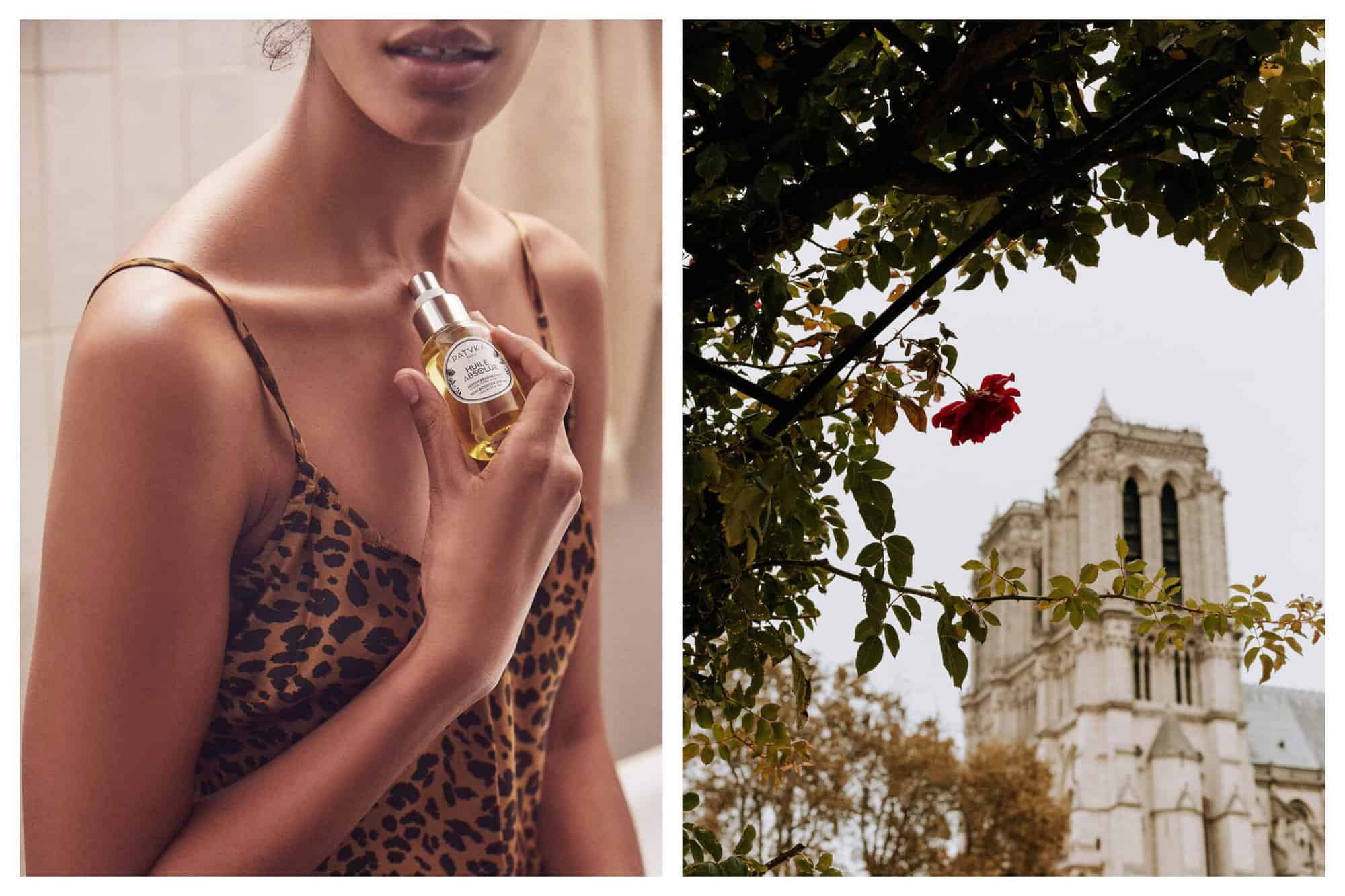 Left: a woman in a bathroom wearing a leopard print camisole holding a bottle of PATYKA huile absolue to her chest. Right: a rose with Notre-Dame in the background.