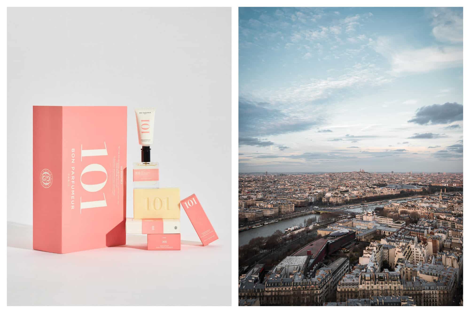 Left: various products by Bon Parfumeur. Right: a view over Paris at dusk, with the Parisian buildings, the Seine, and Sacre-Coeur in the background.