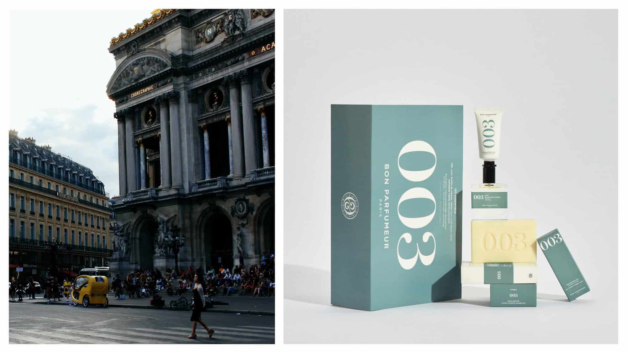Left: a woman crossing the street in front of the Palais Garnier in Paris. Right: various products by Bon Parfumeur