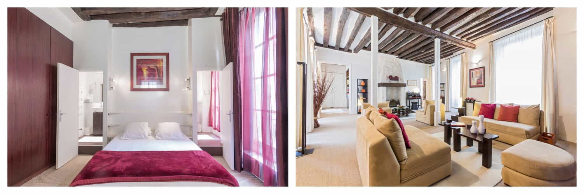 Left: a bedroom with a bed in the centre with white and red linens, with doors to the ensuite on either side. There are cupboards on the left and windows on the right with red sheer curtains. Right: a living room with couches, a stool, a coffee table, and in the background a fireplace. There are wooden beams on the roof. 