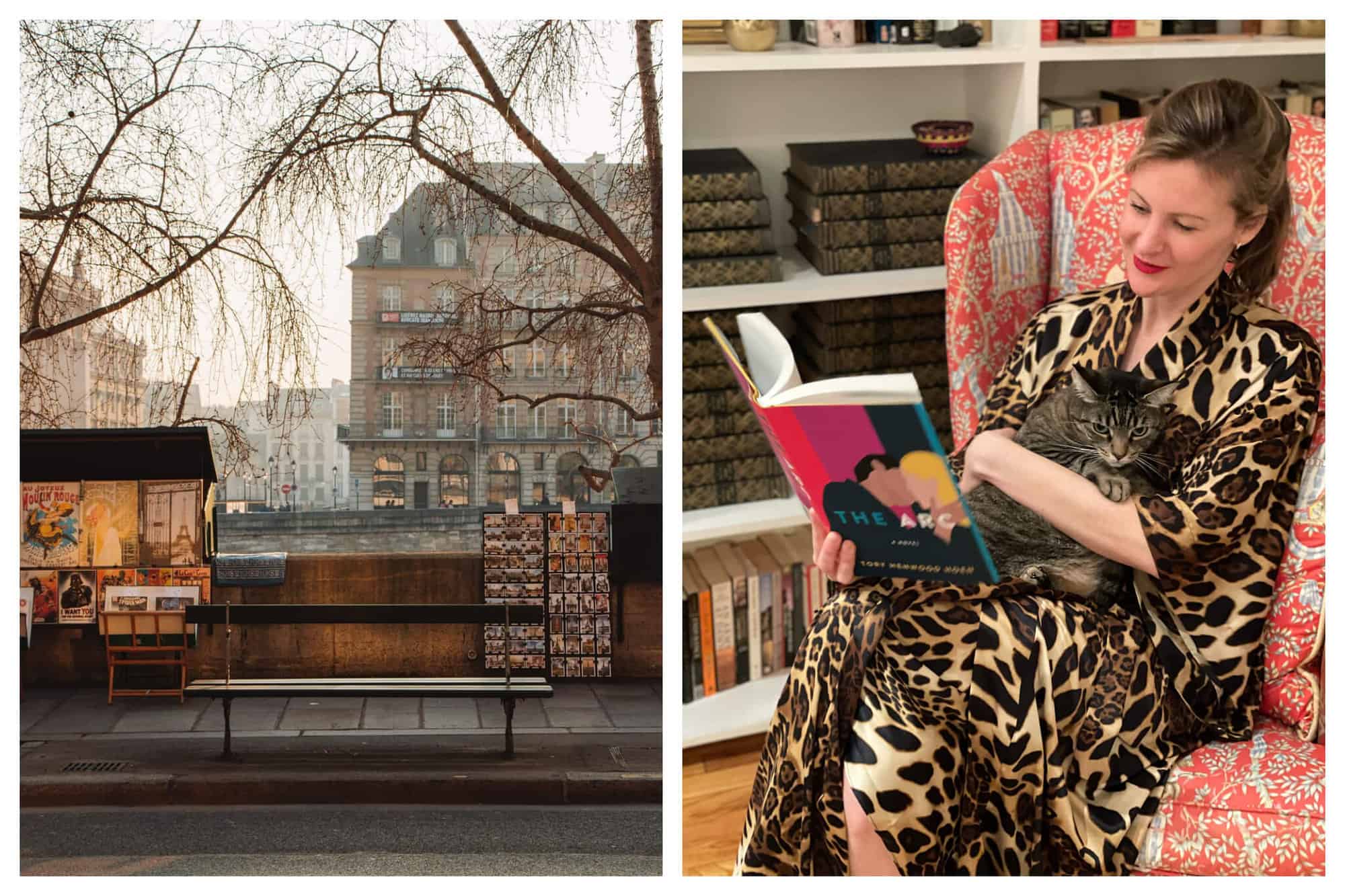 on the left is a photo of the seine with the Bouquinistes in front. On the right is an image of Tory Hoen, holding her new book and her cat