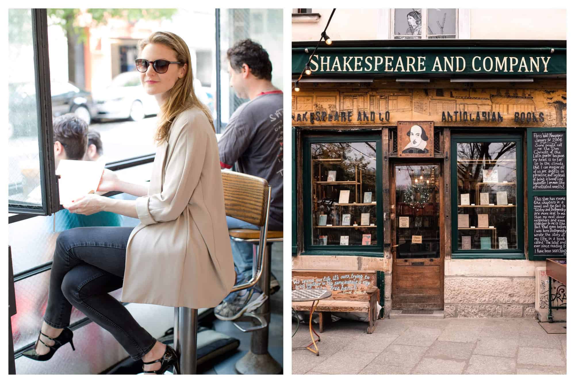 On the left is Tory sitting in a cafe near the window with a beige jacket and sunglasses holding a book. On the right is the front of the bookstore Shakespeare and Company, located in Paris