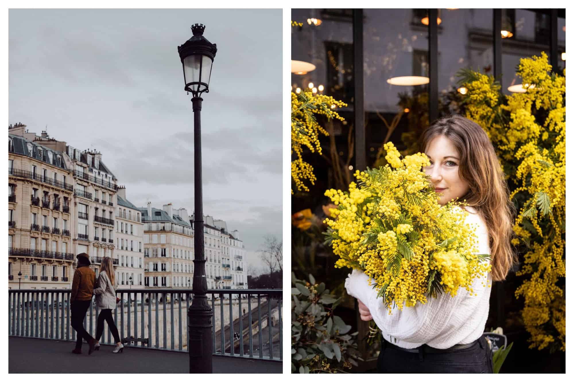 Left: a man and a woman walk arm in arm in the streets of Paris. 
Right: a woman holds a large bouquet of bright yellow flowers. 