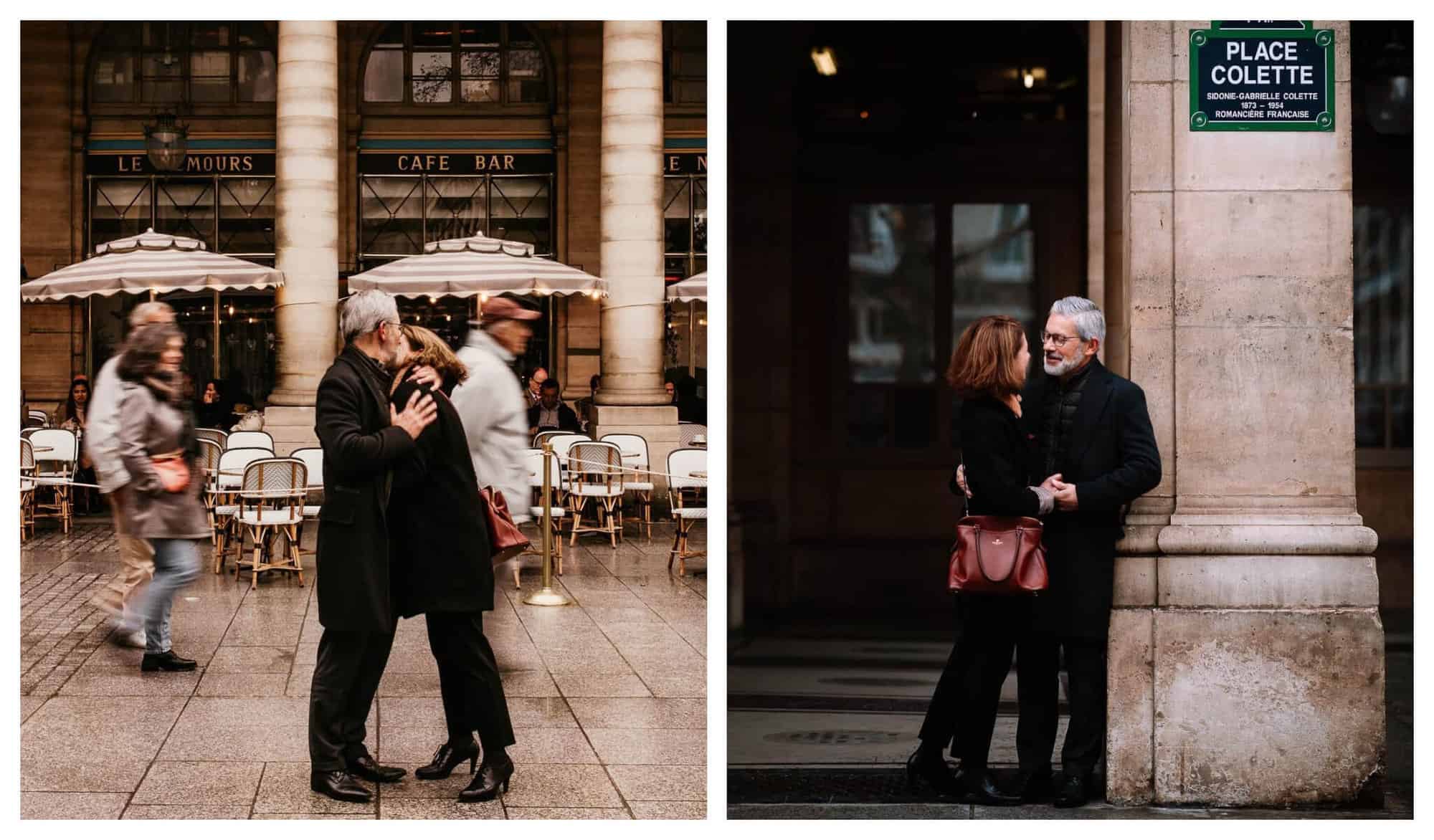 A man with gray hair and a woman with brown hair embrace on a street in Paris.