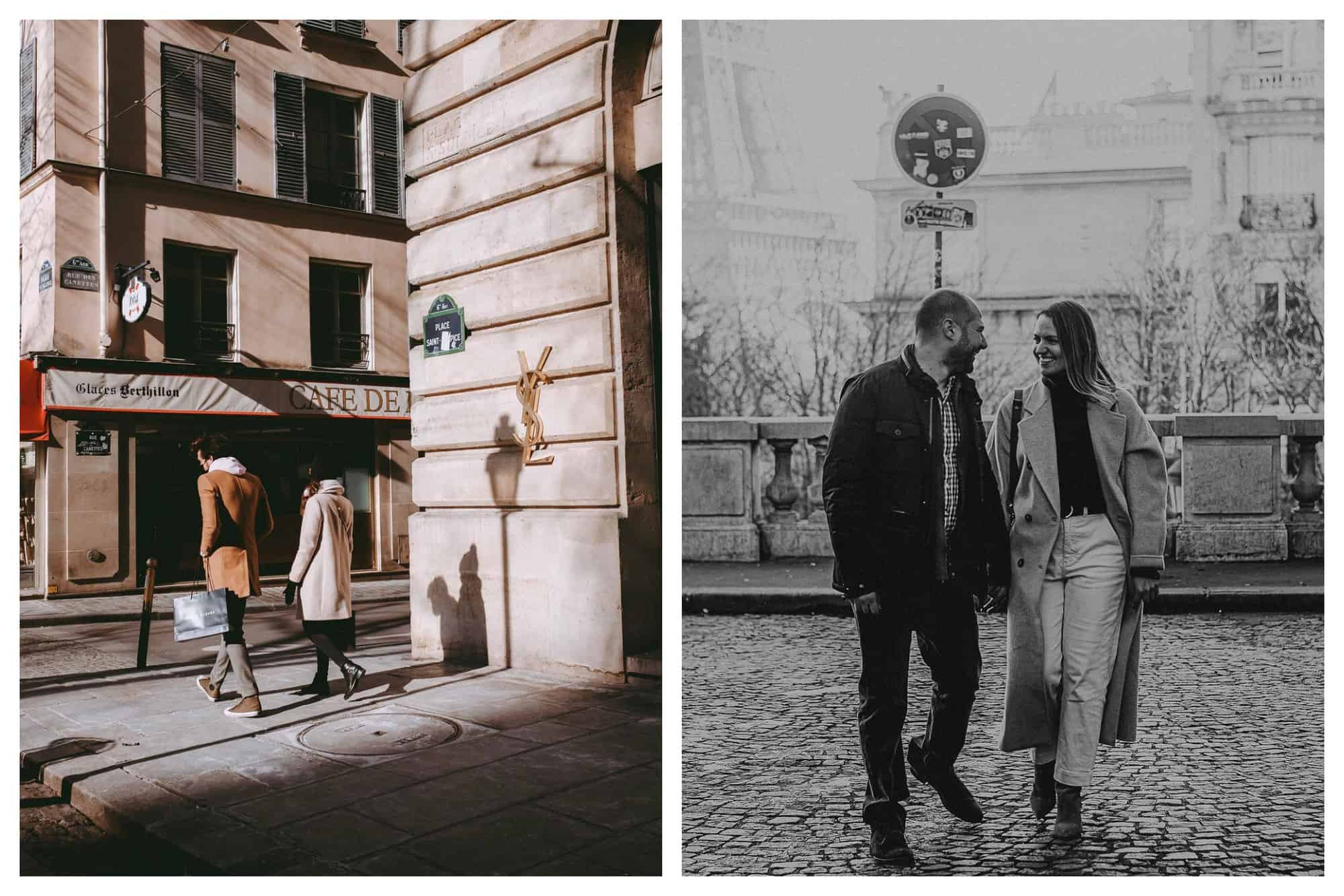 Left: A couple is strolling in Paris during a winter day at sunset. Right: A couple are smiling at each other as they walk in a spot with a view of the Eiffel Tower.