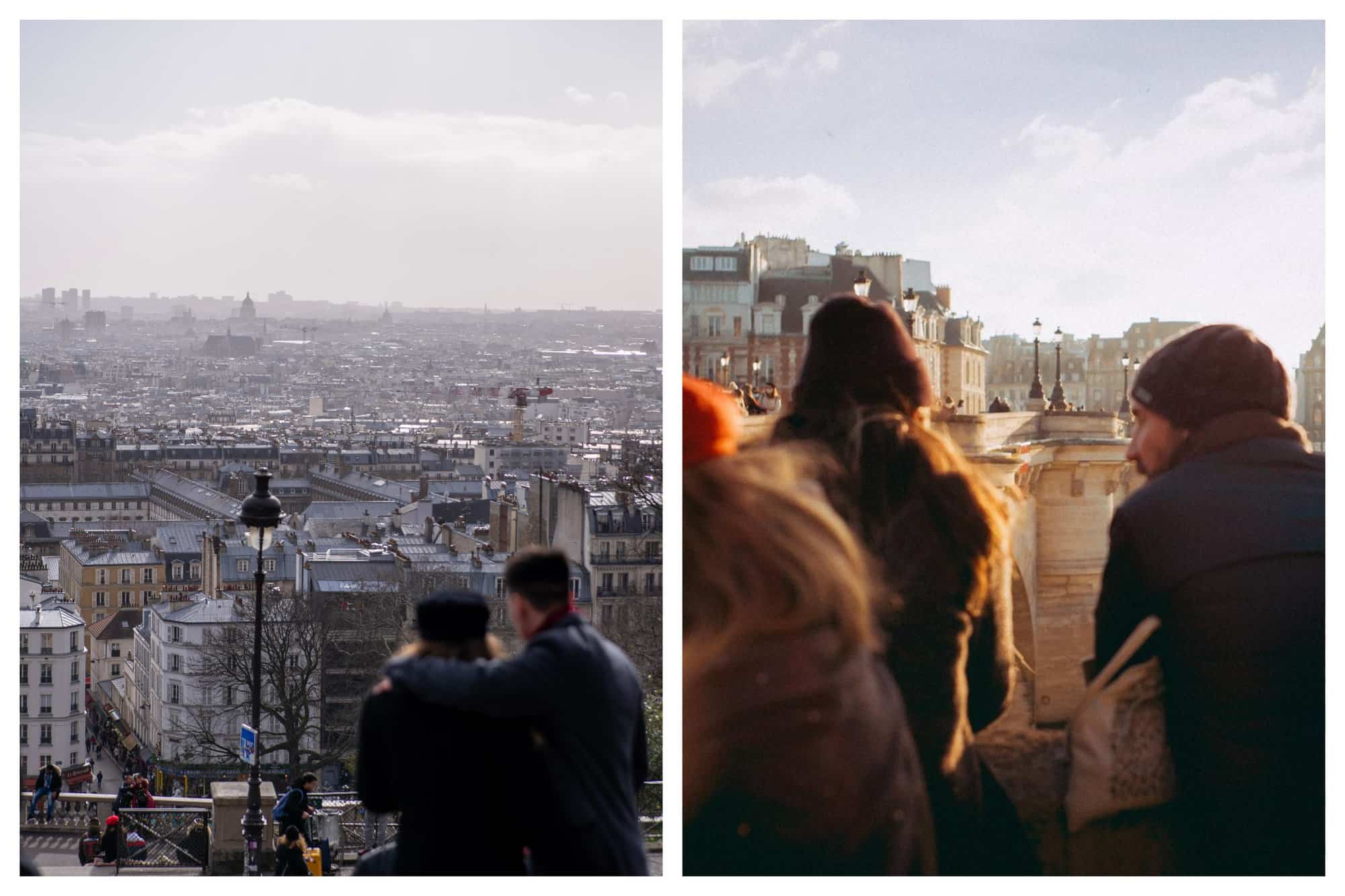 Left: A couple are seen together on the stairs of the Sacre Coeur overlooking the Parisian skyline. Right: A couple are together by the Seine, near the Pont Neuf, during sunset.