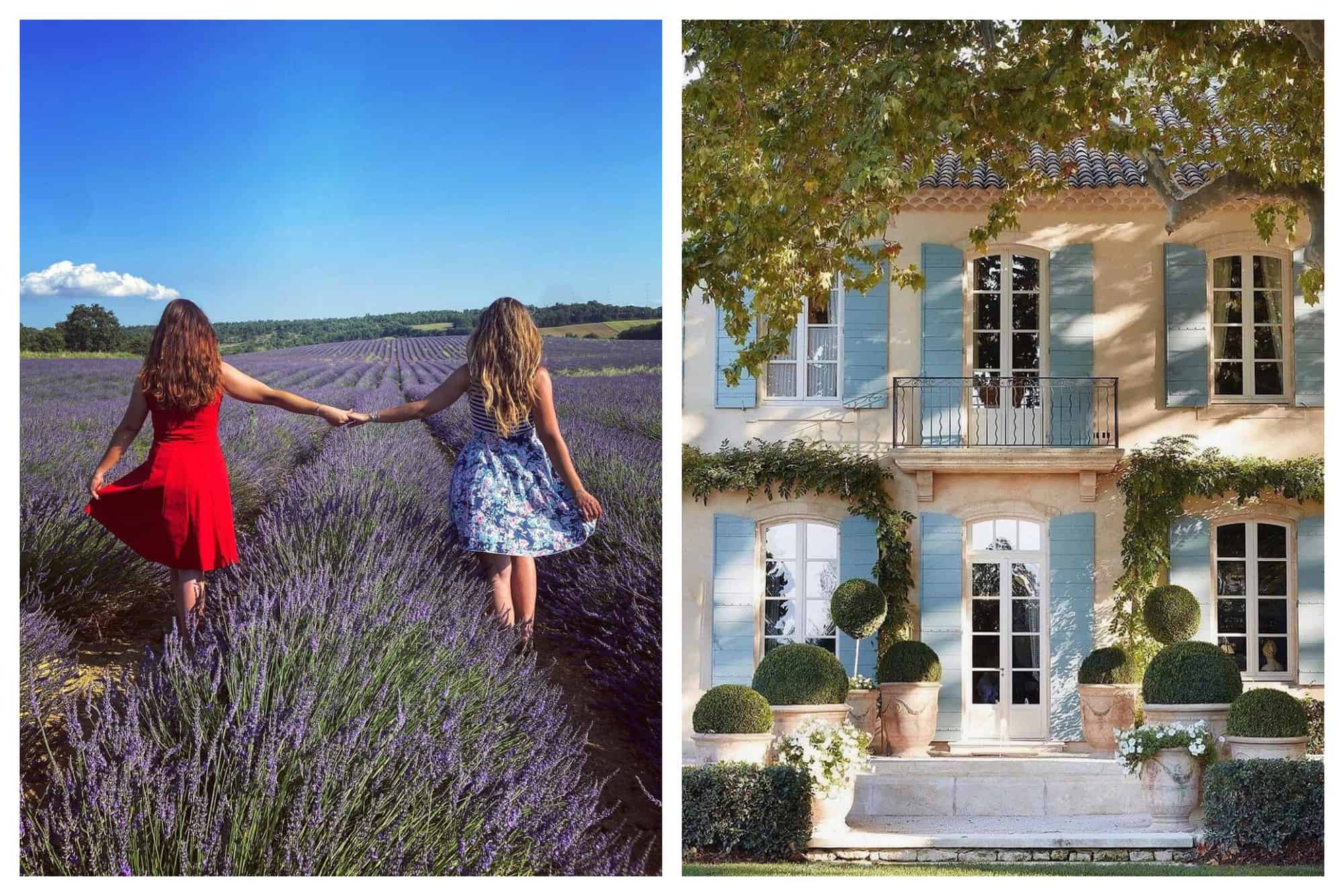On the left: two girls, one in a red dress and the other wearing a blue printed dress, are walking in a field of lavender as they hold hands. On the right is an old provencal house painted in beige and is decorated with green shrubs and vines, light blue external windows, marbled tiles, and white french doors/windows.