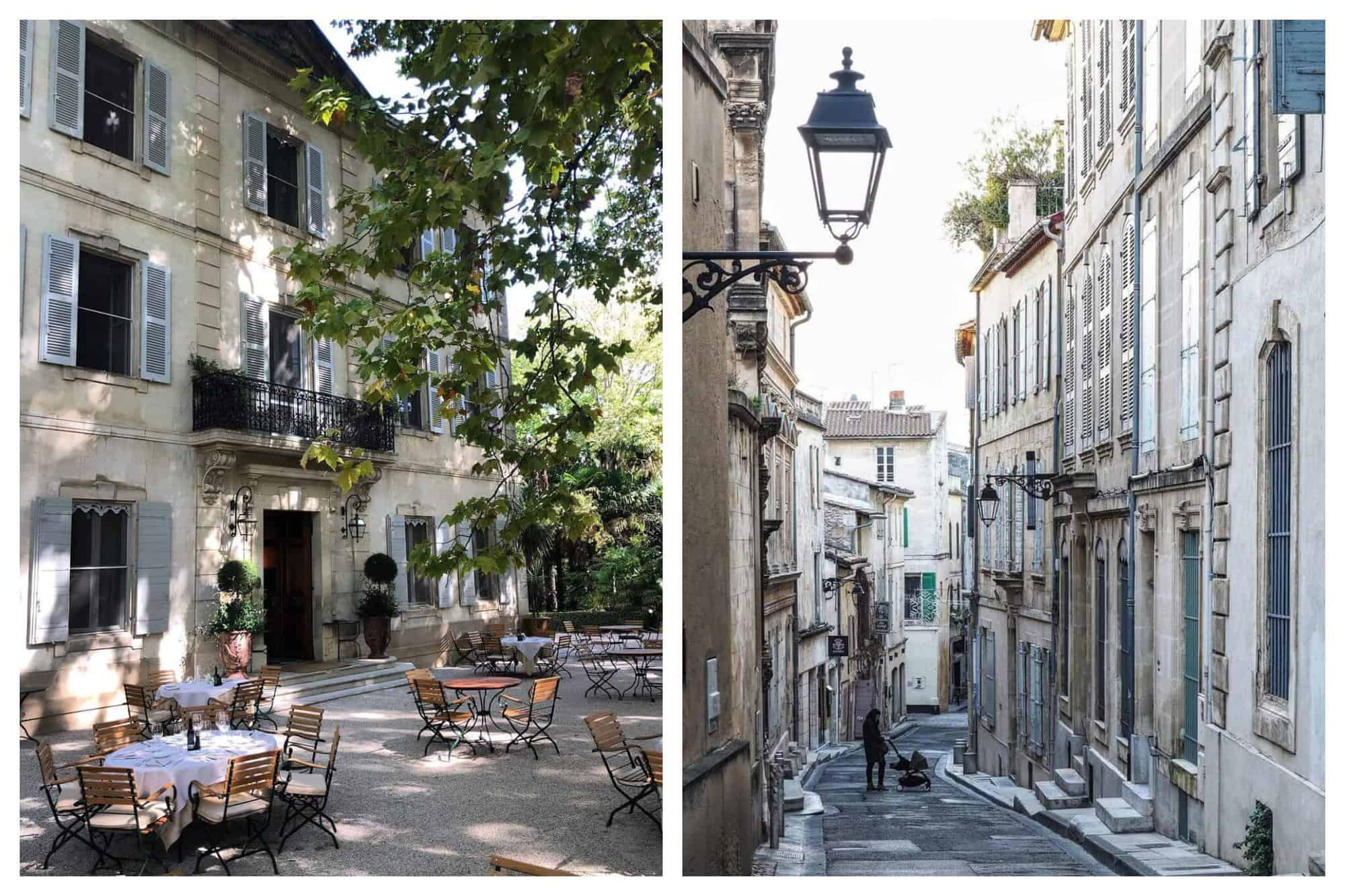 On the left is an alfresco-styled restaurant (in Lurs, France) outside a provincial mansion with groups of wooden tables and chairs under the shade of a tree. On the right is a narrow village street in Provence, France, with a woman walking in her black coat and jeans and she is pushing a baby stroller.
