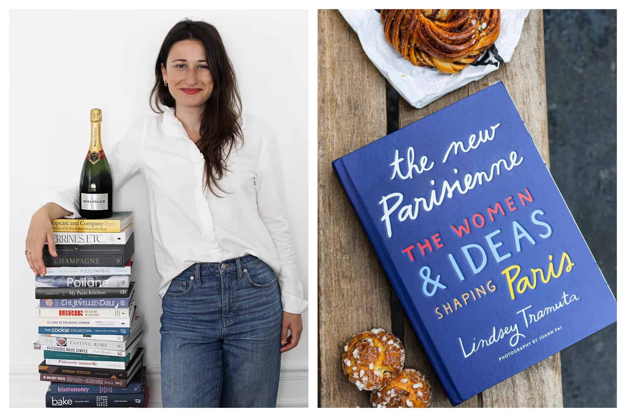 On the left is the author Lindsey Tramuta, smiling as she rests her right arm in a stack of books with a bottle of champagne on top. On the right is a blue book called "The New Parisienne: The women and Ideas shaping Paris" laying on a wooden table beside a couple of brown french pastries.