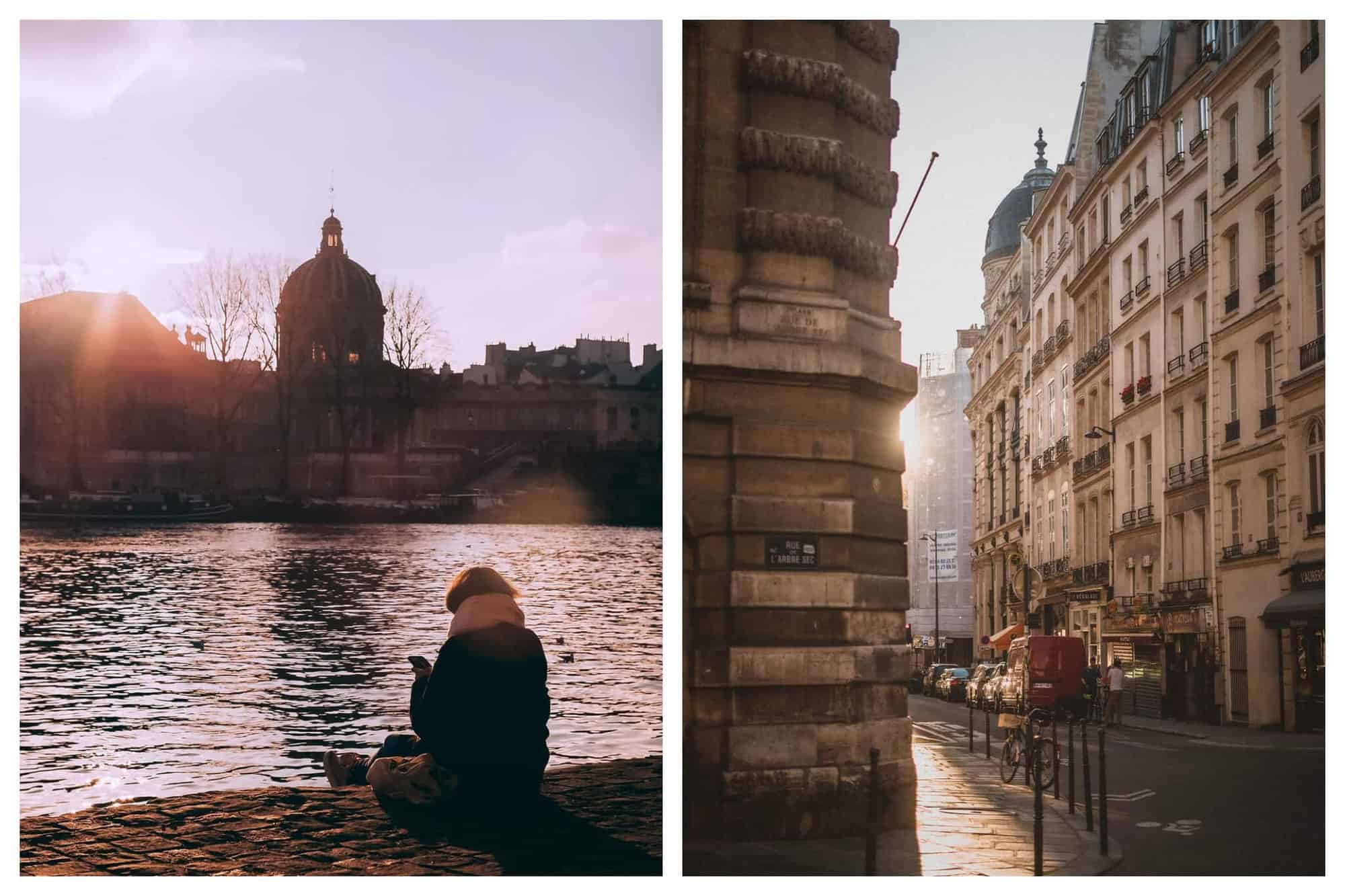 On the left is a woman in a black coat and yellow scarf seated by the banks of the Seine River during sunset. On the right is a Parisian street full of beige buildings, a red truck, and some cars.