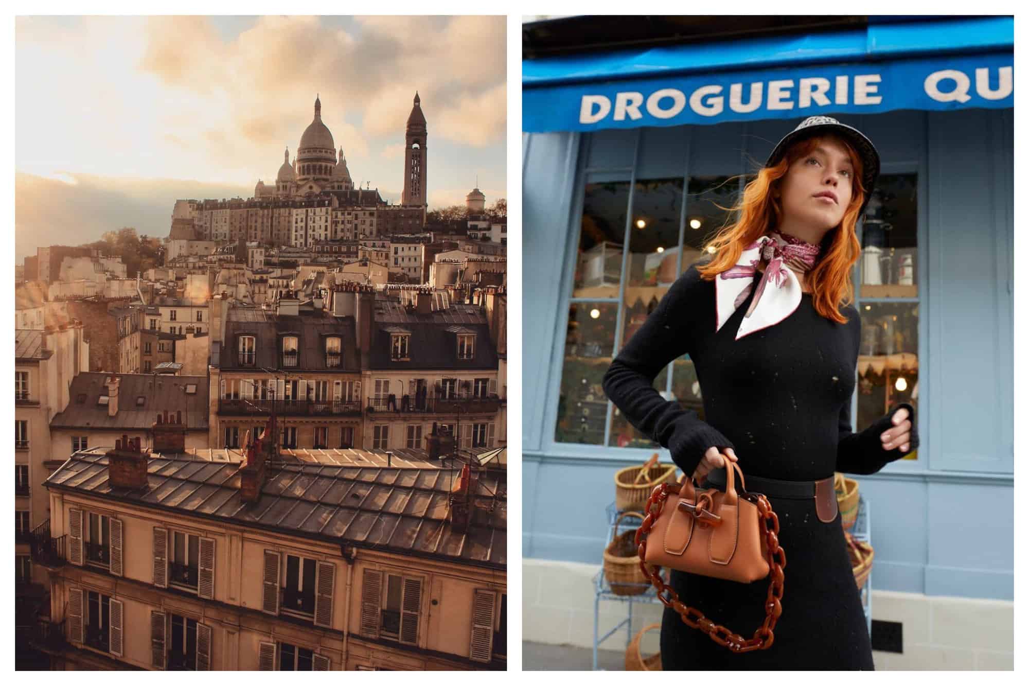 Left- Paris rooftops are shown in a golden light.
Right- A red haired woman wears dark clothing, a white scarf, and carries small leather bag. 