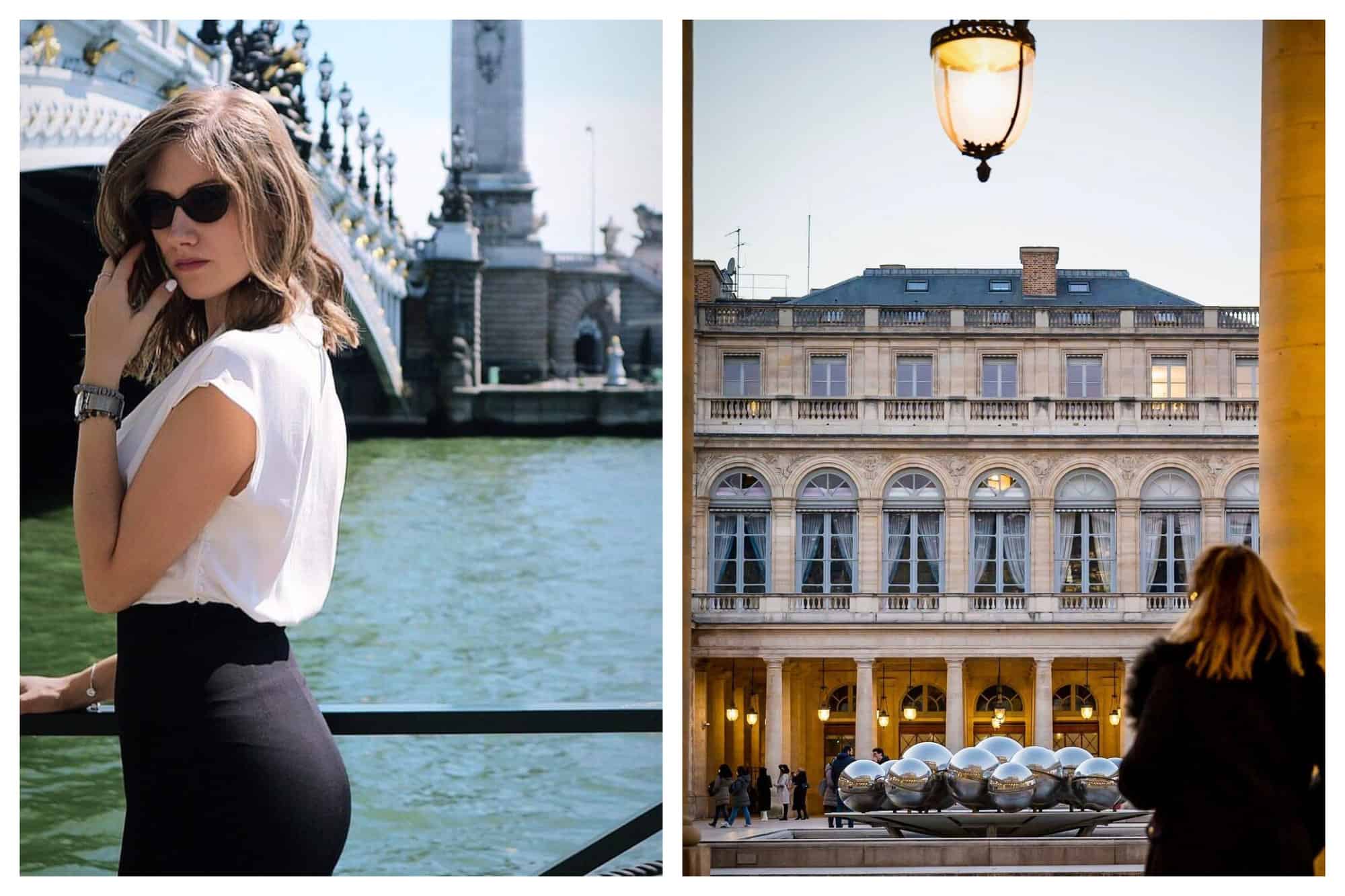Left- A woman wearing sunglasses looks over her shoulder in a white blouse and black bottom. 
right- A woman standws in a black coat looking at a Paris building.