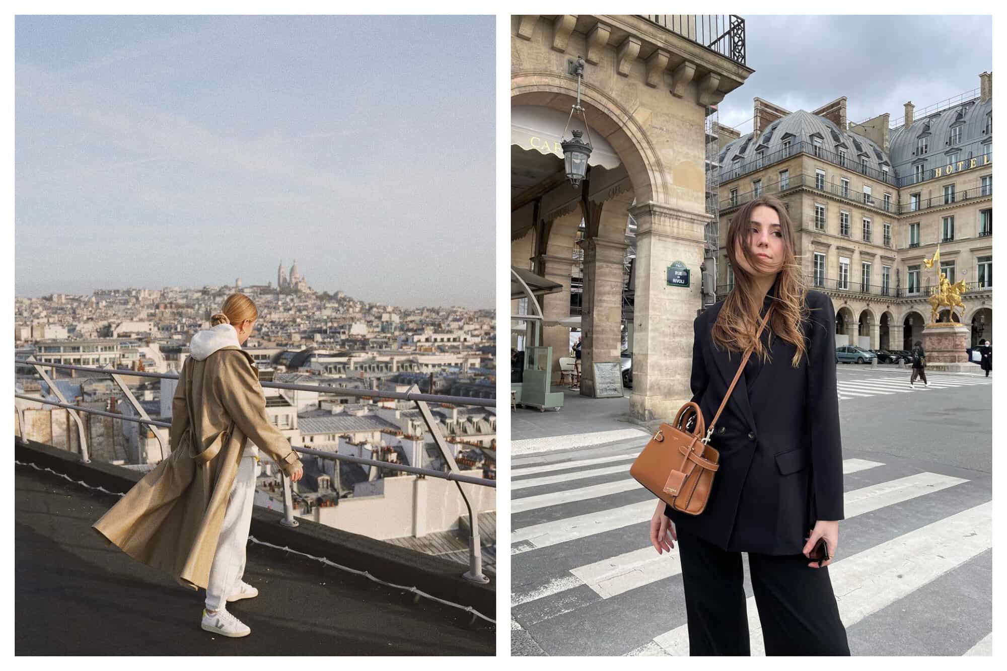 Left- A woman in a trench coat stands on a rooftop.
Right- A woman stands in all black in a Paris street. 