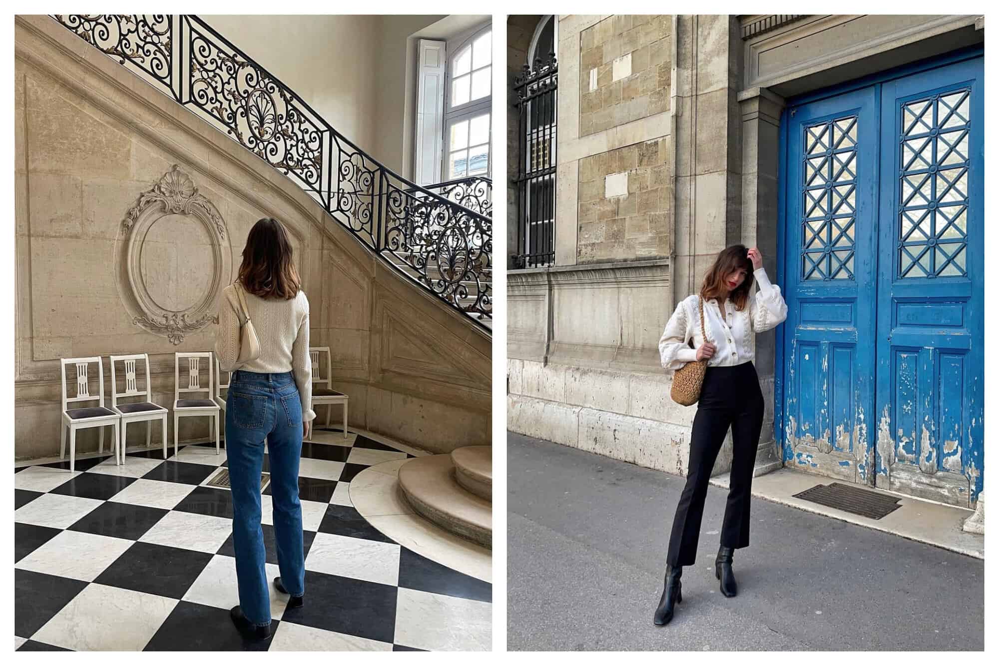 Left- A woman stands in jeans and a cream shirt on a black and white tiled floor. 
Right- A woman stands in front of a blue door in Paris. She wears black trousers and a cream sweater. 
