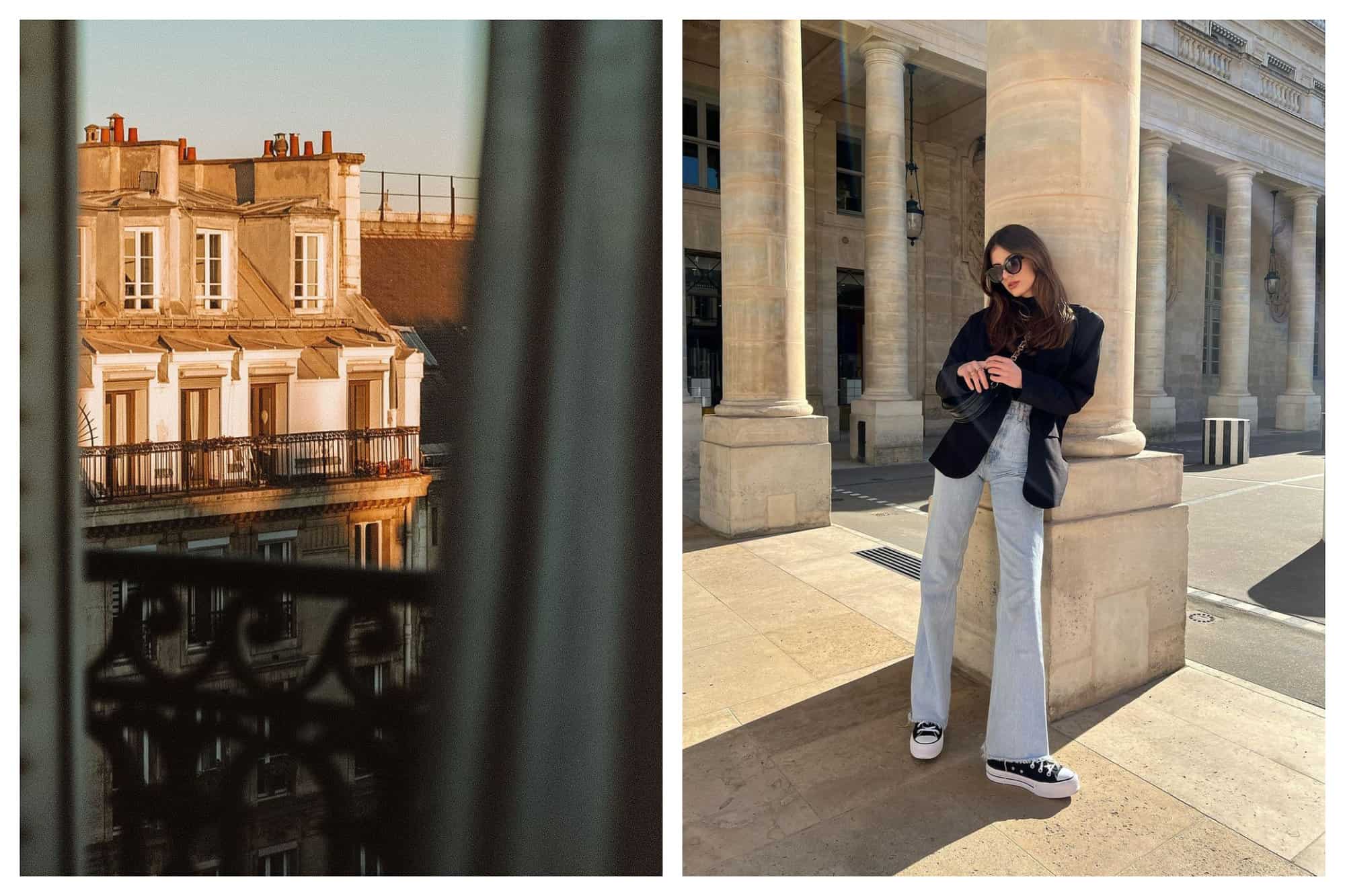 Left-Paris rooftops are shown through a green curtain.
Right-A dark haired woman leans back on a column. She wears jeans, a black blazer, and black sneakers.