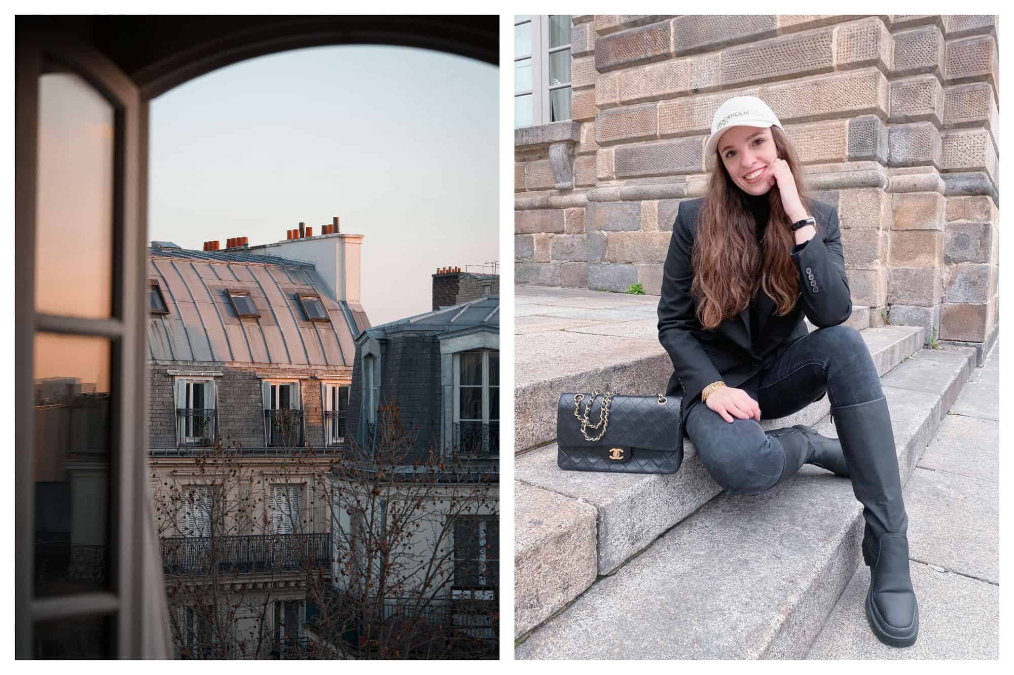 Left- Roof tops are shown through an open window in Paris. 
Right- A young woman sits on steps wearing black jeans, a black blazer, and a white baseball cap. She sits next to a Chanel bag. 
