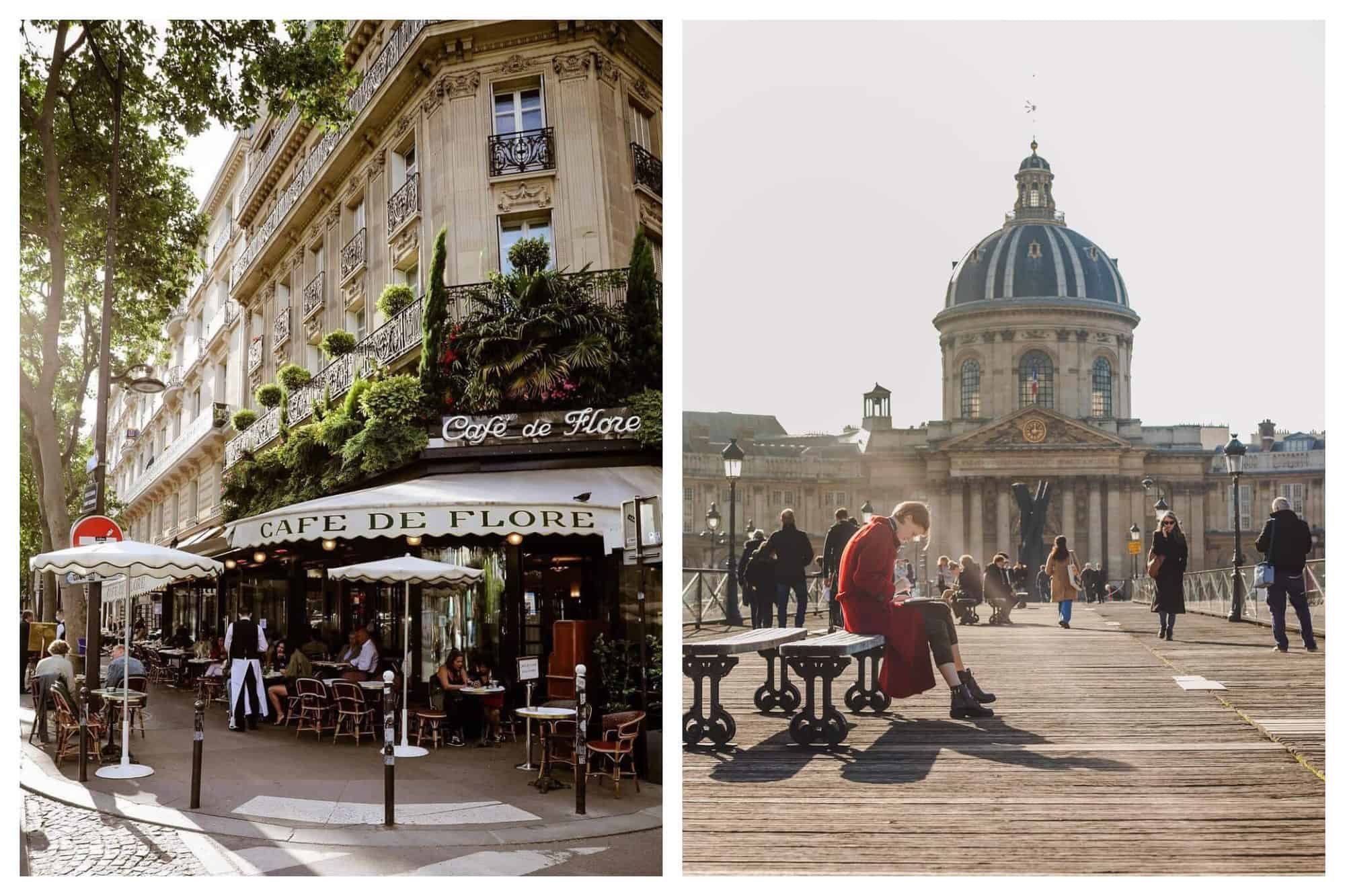 On the left is the famous Parisian corner coffeehouse Café de Flore with its green shrubs and white parasols. On the right is a lady in a red coat sitting on a bench on the wooden Pont des Arts bridge with the Palace of the Institute of France at the end of it.
