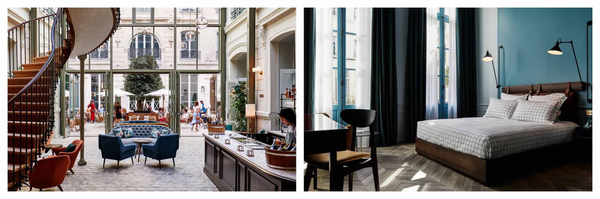 Left- The lobby of The Hoxton shows a large staircase in front of floor to ceiling windows revealing a courtyard. 
Right- A dark blue painted hotel room at The Hoxton. 
