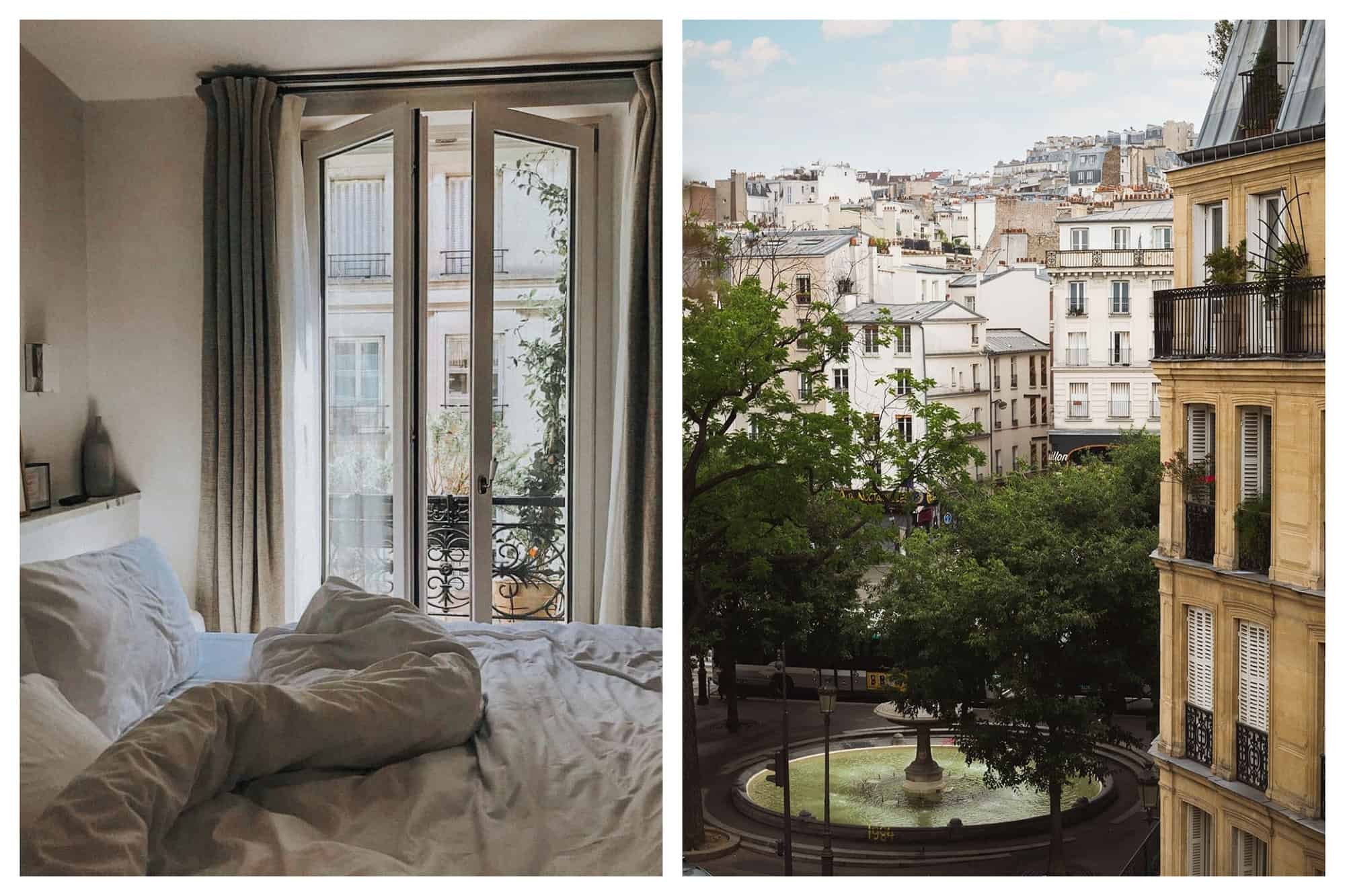 Left- At Le Pigalle a bed dressed in white linen is in front of a large open window.  Right- The fountain at Le Pigalle.
