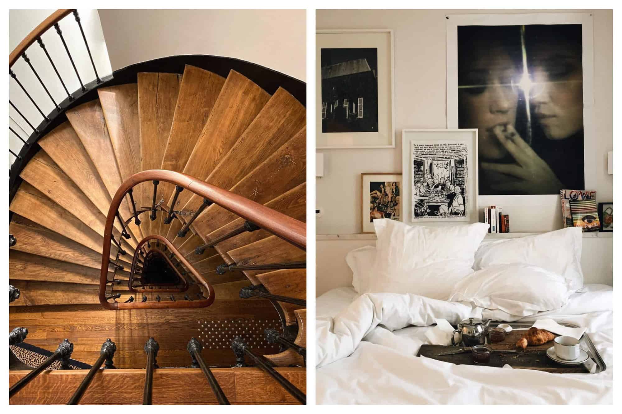 Left- A beautiful wooden spiral staircase at Le Pigalle.
Right- A bed with a breakfast tray in front of a wall with wall art.