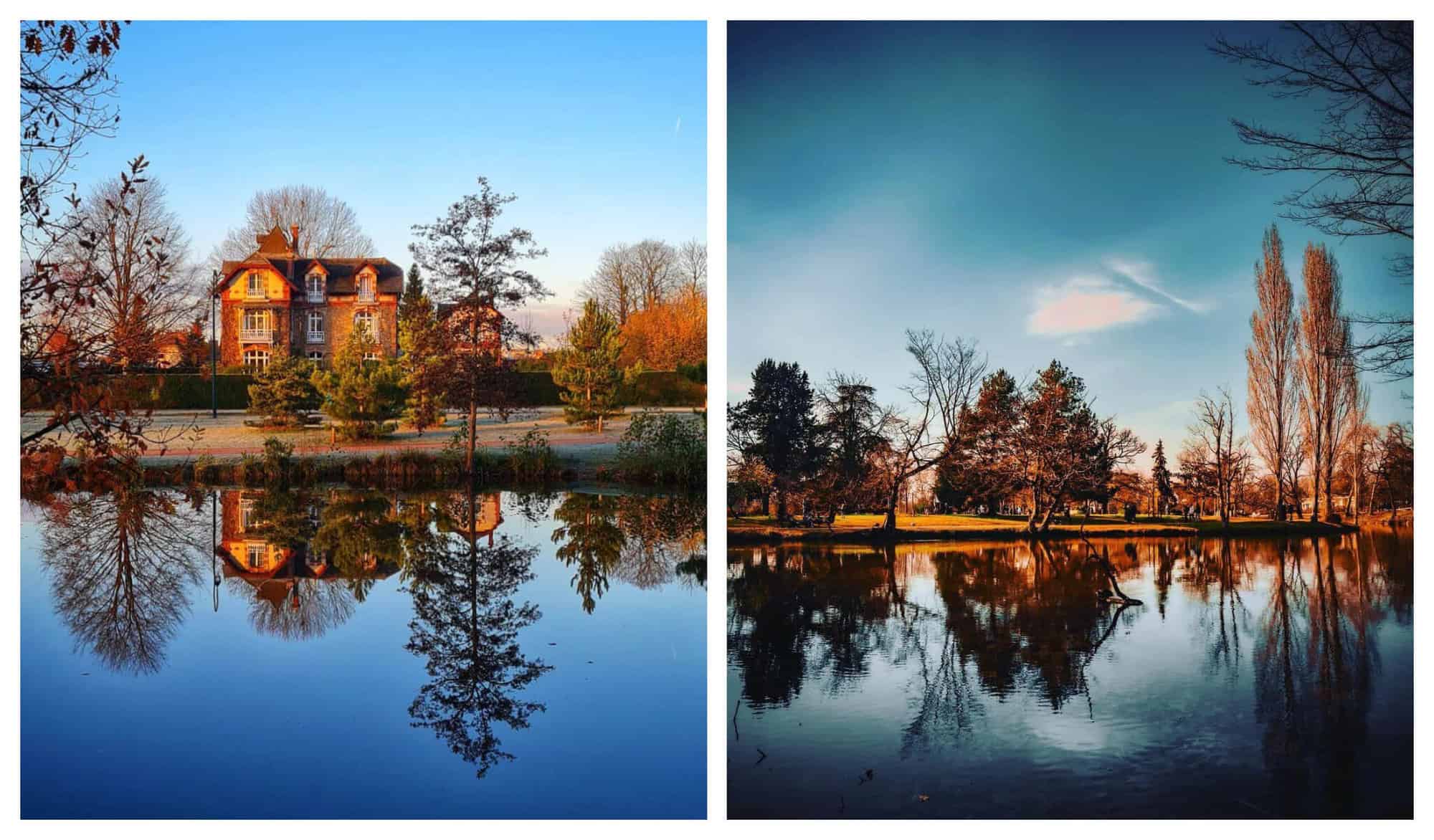 Two angles of the Parc des Ibis during a fall day with clear waters mirroring the blue sky, autumn trees, and a brown house.