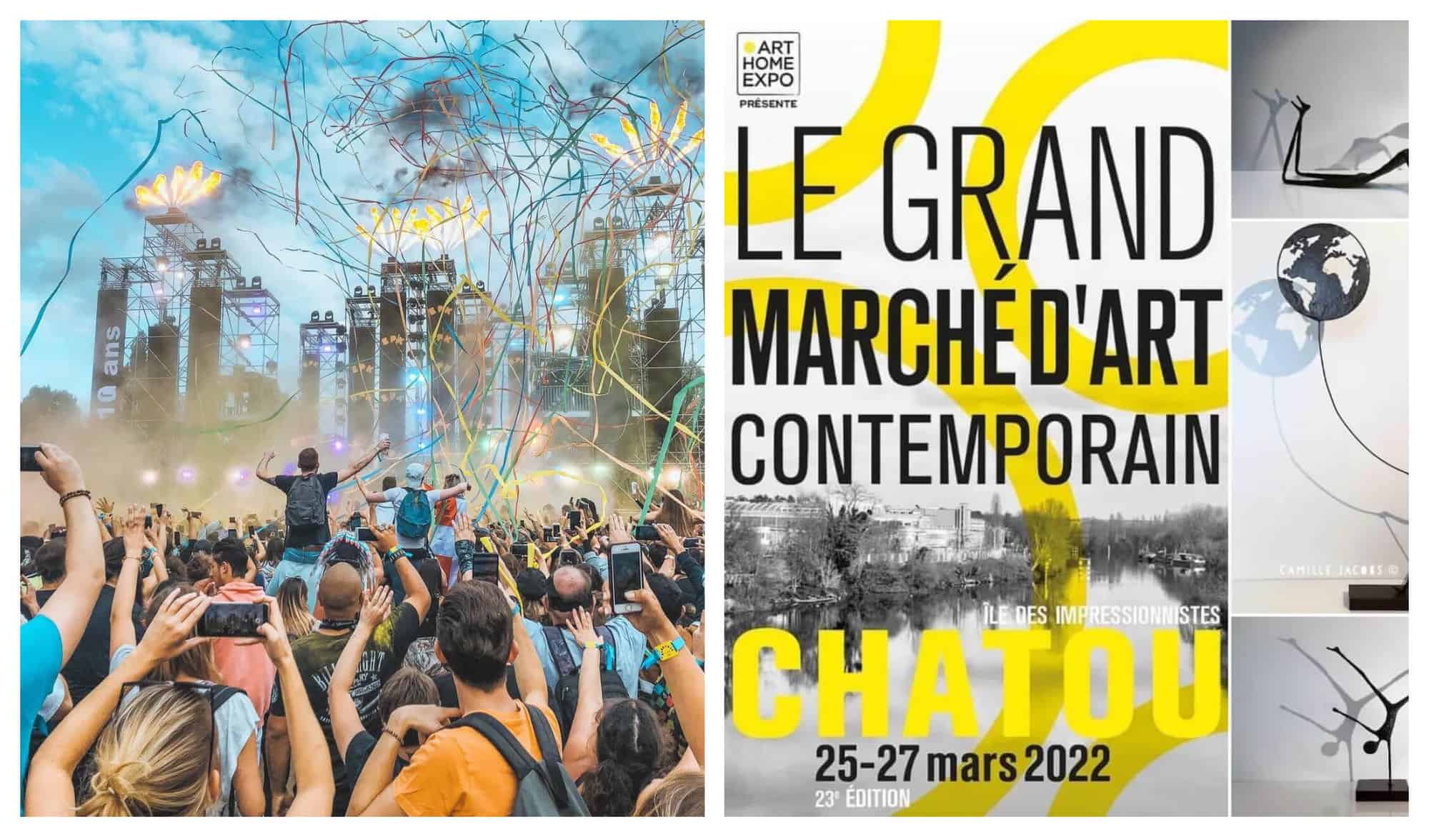 On the left is a crowd in a rave party with multicolored confetti and yellow fireworks. On the right is a black and white poster of the Seine river in gray and yellow texts.