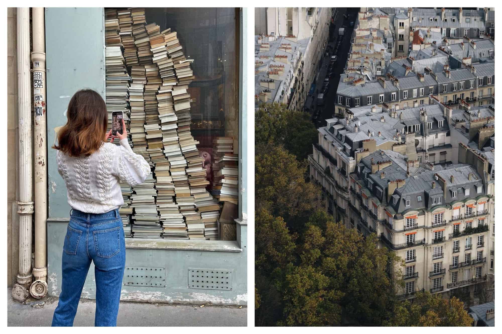 Left-A woman stands photographing a window filled with books. She wears jeans and a white sweater. 
Right- Trees and rooftops of Paris are shown.