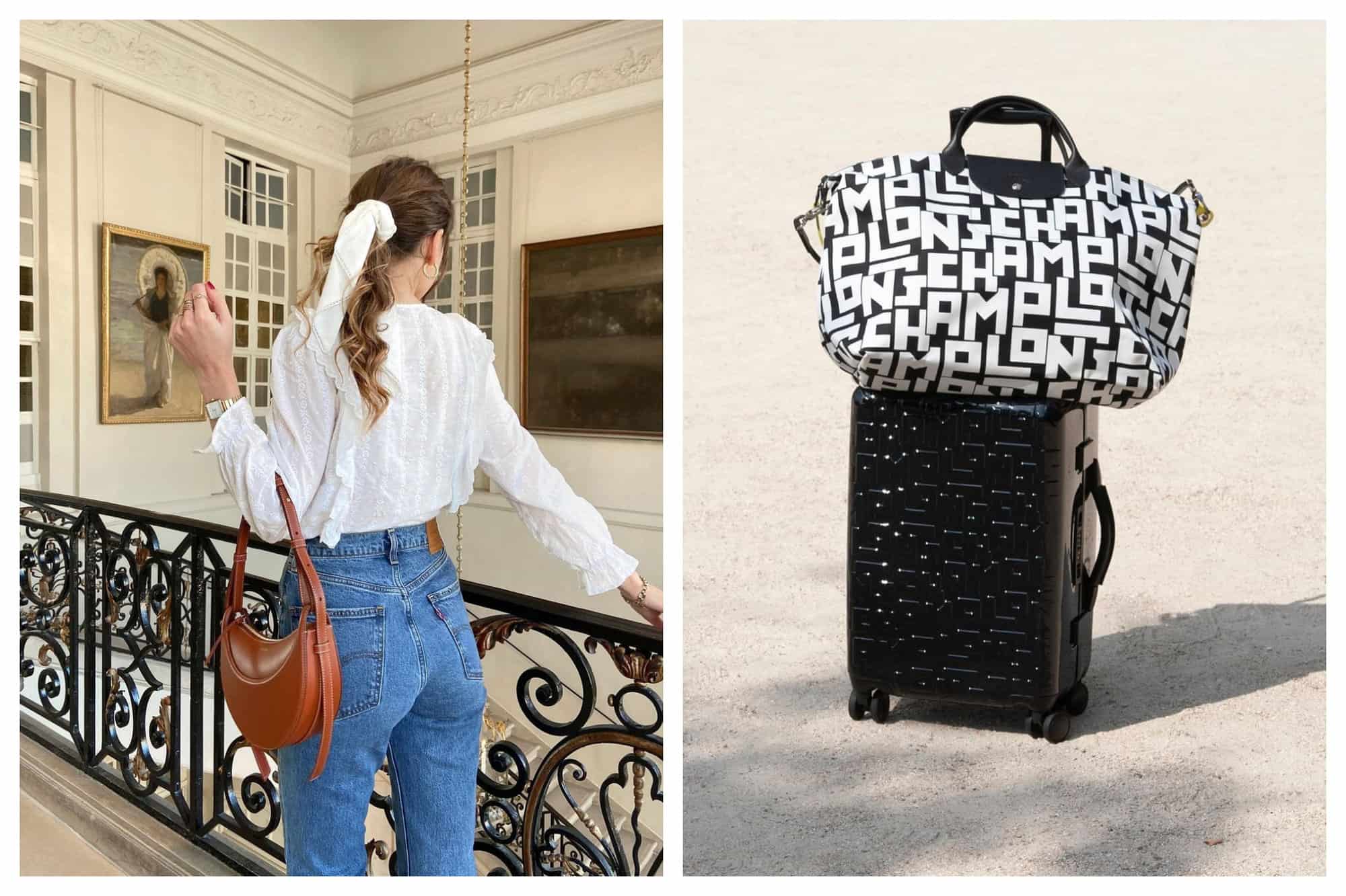  Left- A woman is seen from behind. 
 She wears jeans, a white blouse, and has a white scarf tied in her hair. 
Right-A black and white Longchamptote bags sits on a black Longchamp suitcase. 