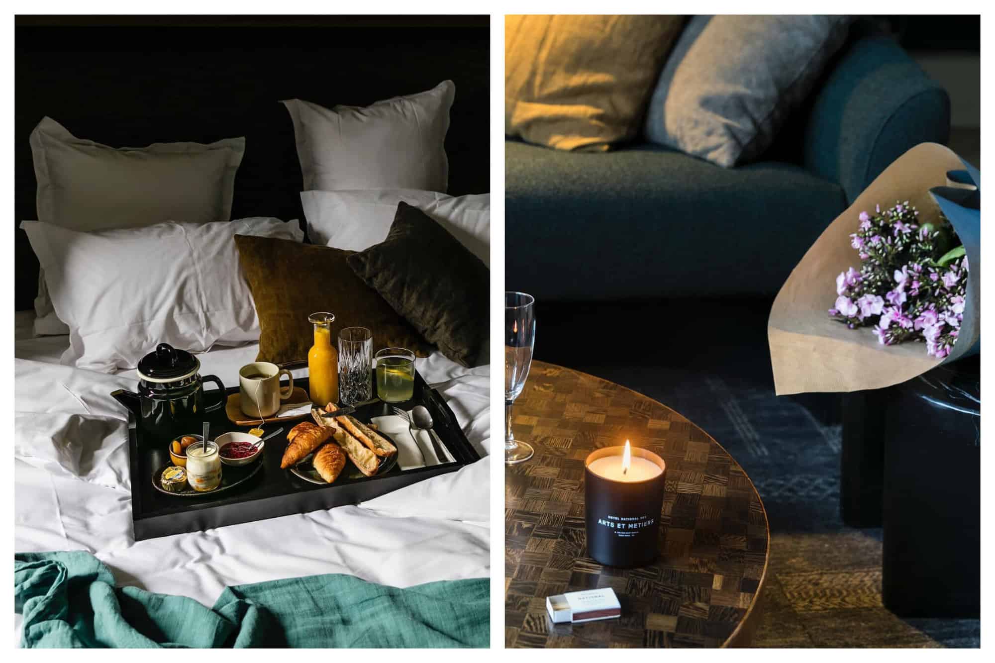 Left- A breakfast tray sits on a bed at Hôtel National des Arts Métiers.
Right- A candle burns on a small table next to a bouquet of purple flowers. 