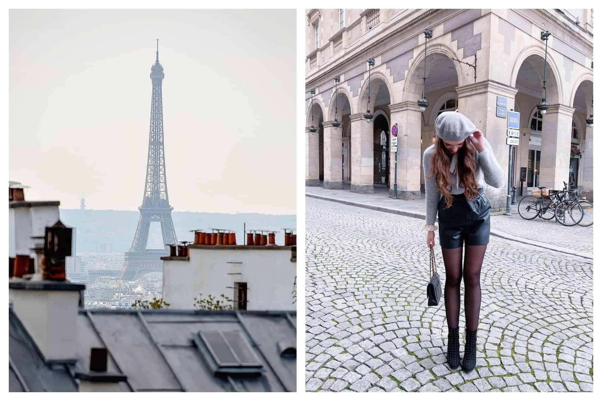 Left- The Eiffel Tower stands aganist a gray sky.
Right- A woman is dressed in a gray beret, gray cashmere sweater, black shorts, black tights, and black boots. 
