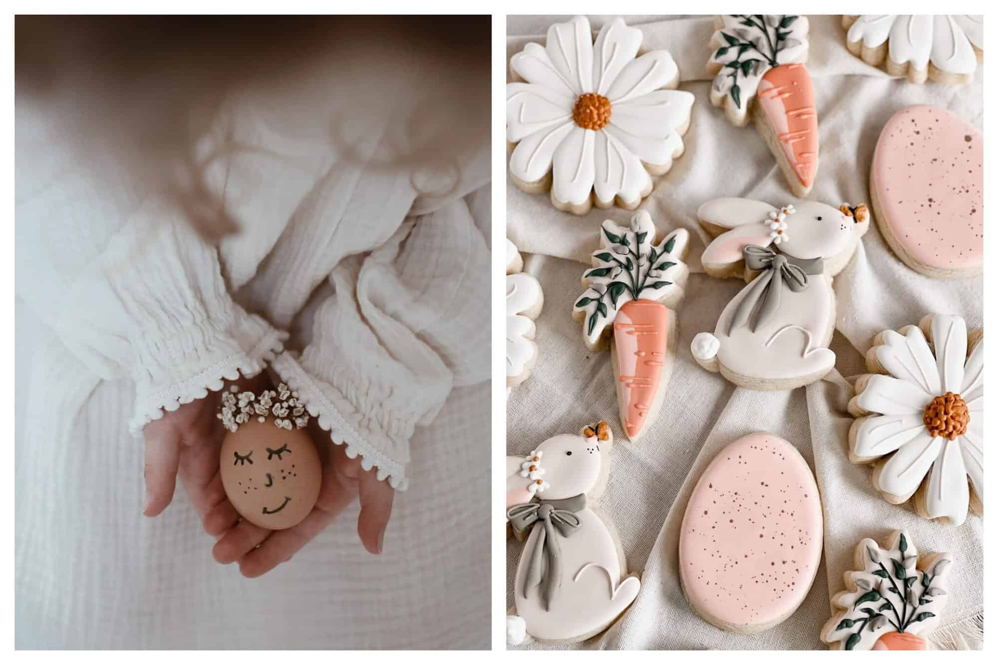 Left- A young girl in a muslin dressing gown holds a easter egg, with a decorated face. Right- Gourmet Easter cookies are decorated as bunnies, carrots, and daisies. 