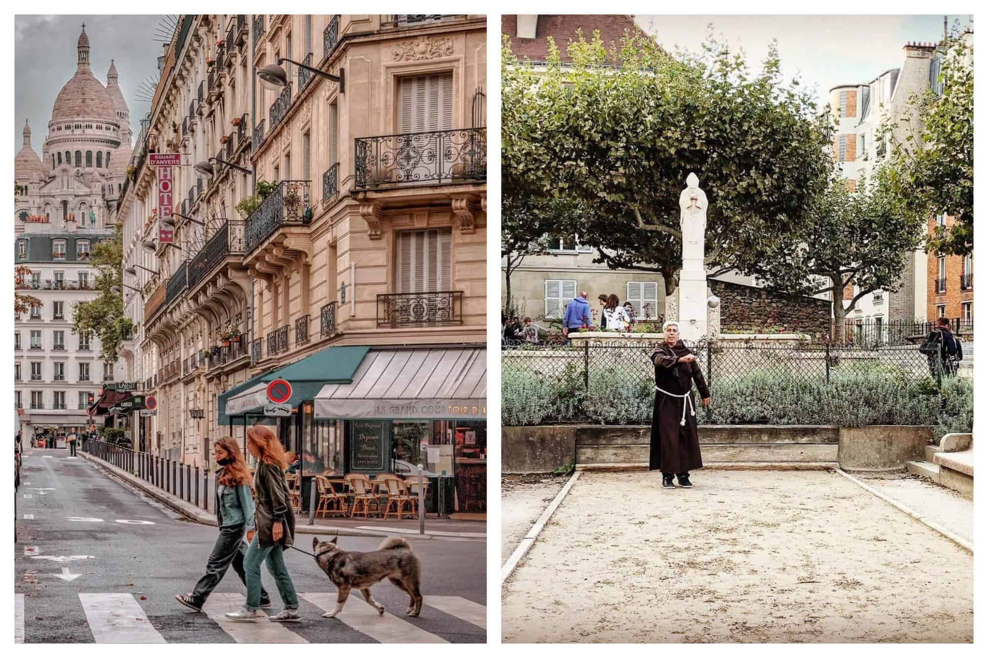Two ladies and their dog walk by Place d'Anvers with the Sacré Cœur in the background. A monk throws a boule as he plays Pétanque at Square Suzanne-Buisson.