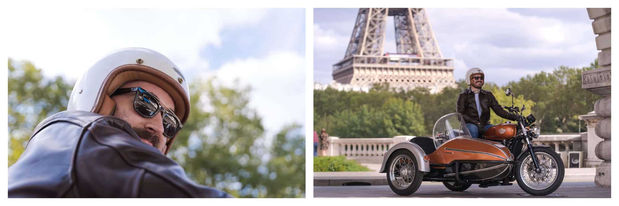 Simon Burke riding his motorcycle near the Eiffel Tower.