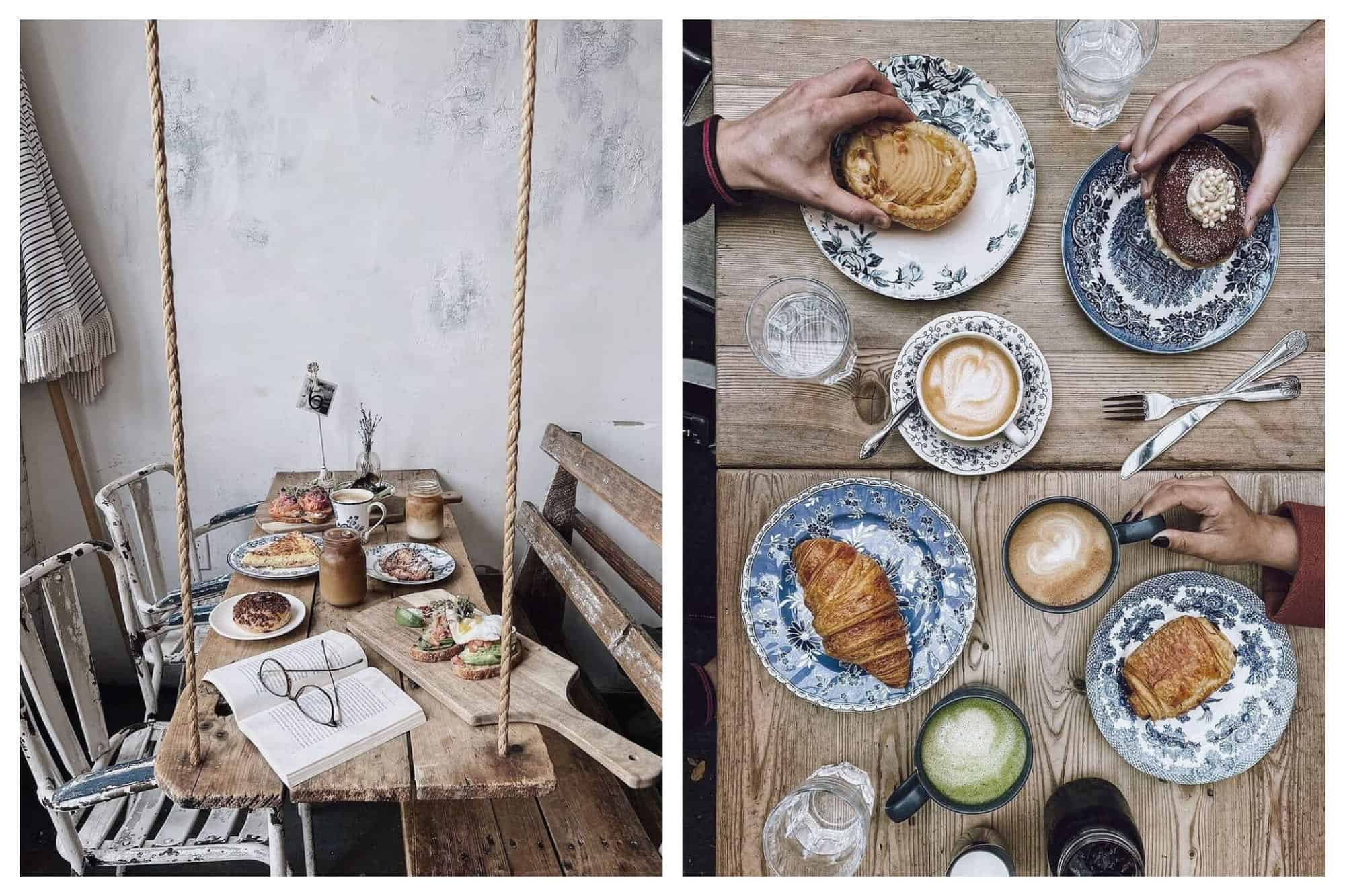 A table suspended by ropes in Maman bakery with brunch laid out on it. Freshly baked pastries and coffee at Maman bakery.
