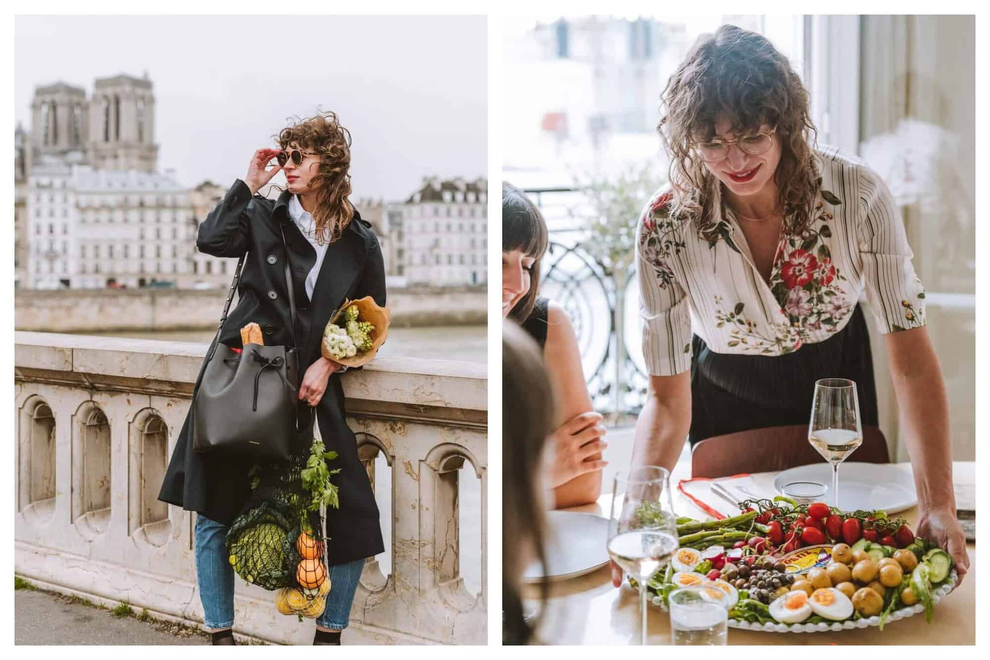 The author Rebekah Peppler standing on a bridge in Paris carrying fruit, vegetables and flowers. Rebekah Peppler serving up a spead of fresh vegetables to friends.