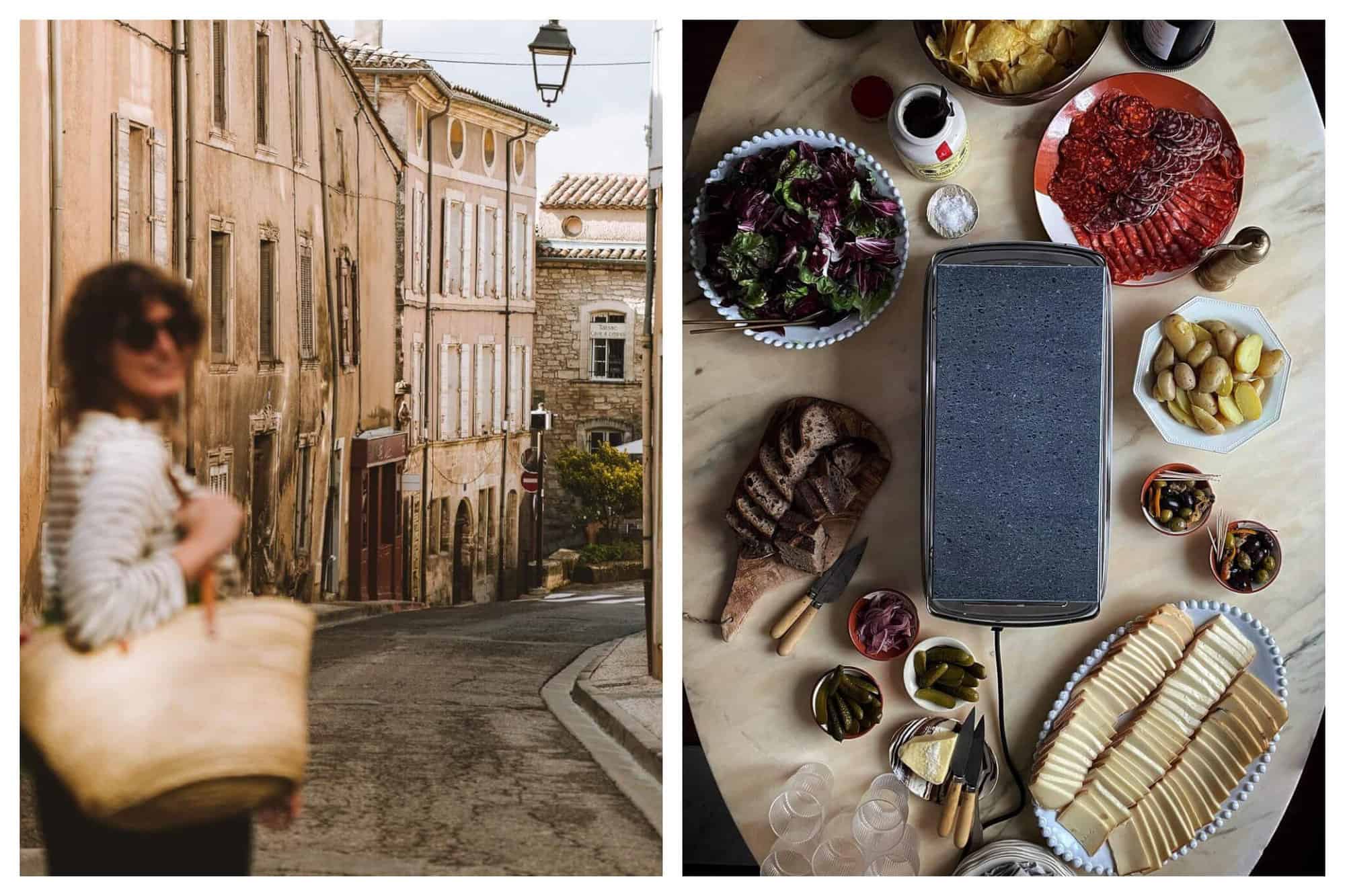  The author Rebekah Peppler walking through the old town of Bonnieux, Provence-Alpes-Côte d'Azur. A table spread with ingredients around a raclette grill.