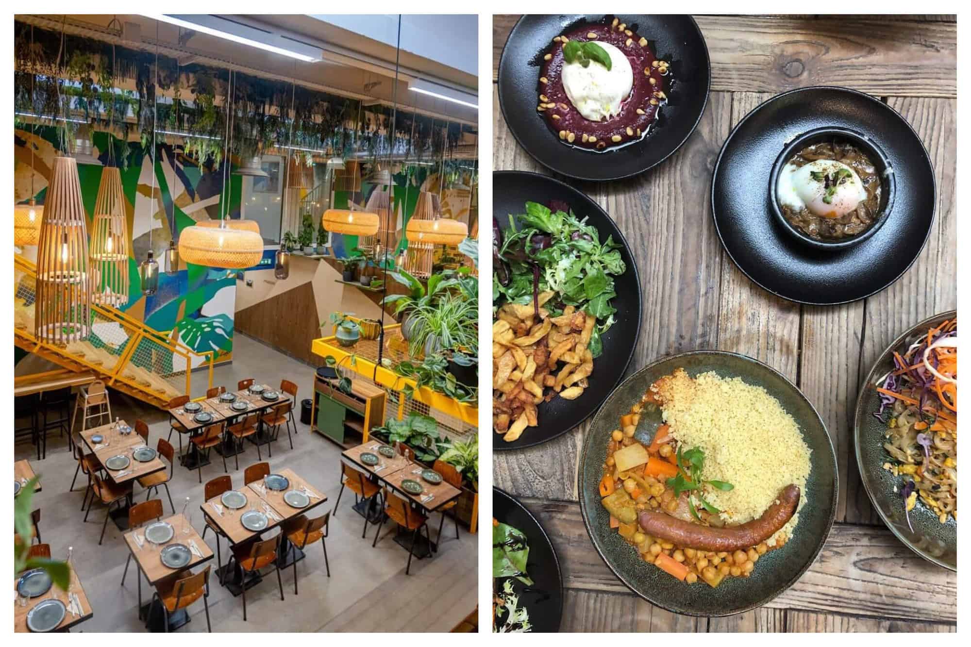 The modern and brightly coloured cafeteria of Arkose Nation with plants and plant murals surrounding wooden tables ready for service. Several plates of food at Arkose Nation, including sausage and couscous and poached egg and mushrooms.