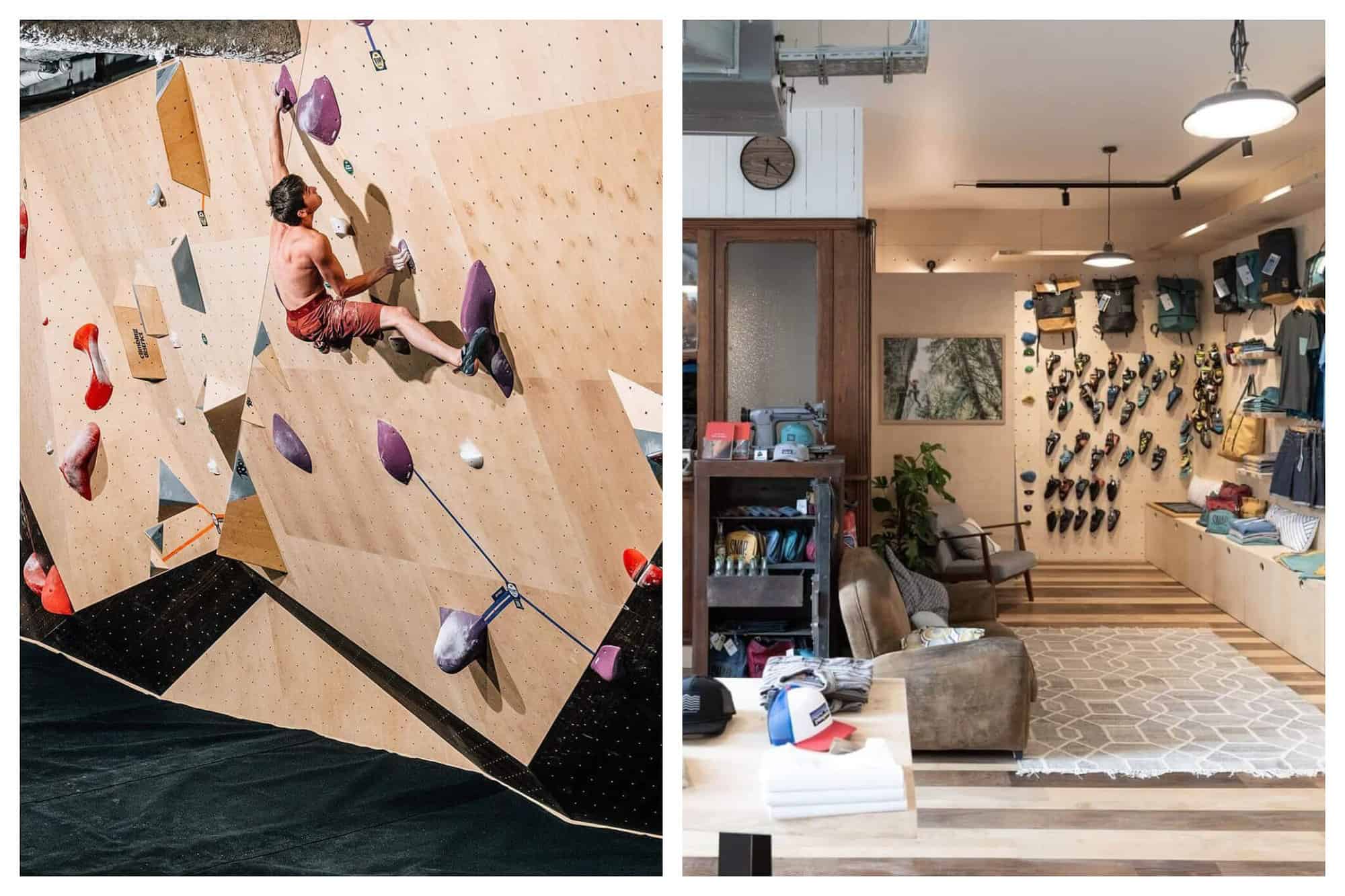 Climber Diego Fourbet is poised to make the final move on an overhanging bouldering route in Climbing District. The shop at Arkose Nation with a selection of climbing shoes, bags and clothes hanging on the wall.