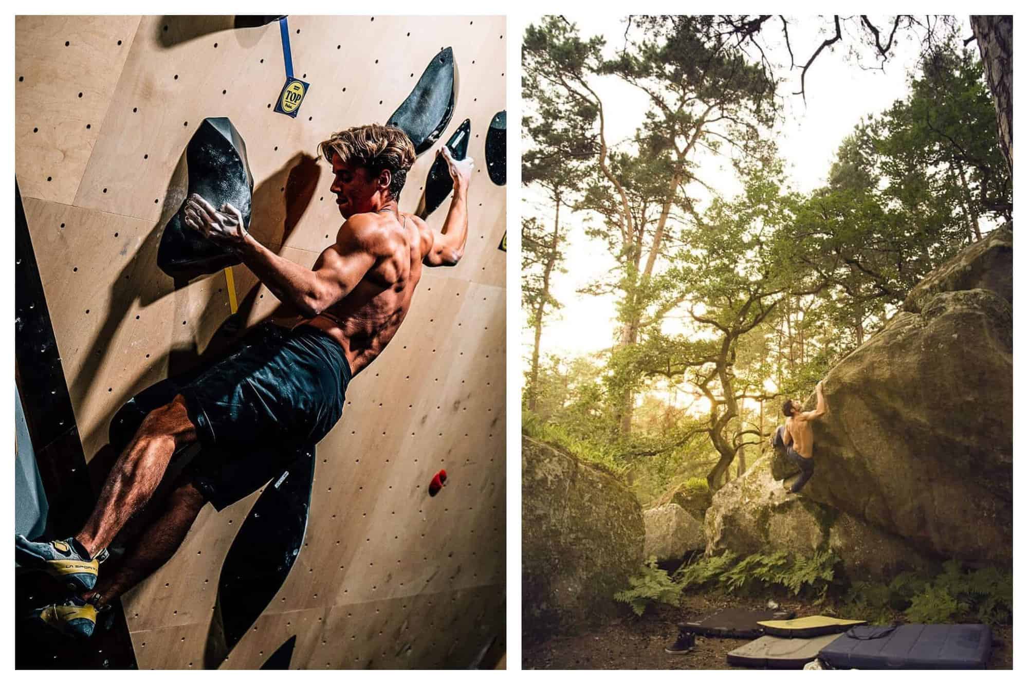 Young French climber Pierre Le Cerf tenses his muscles as he concentrates on the next move in Climbing District. A climber edges along a boulder in the Forest of Fontainebleau with crash mats beneath him and light breaking through the leafy trees.