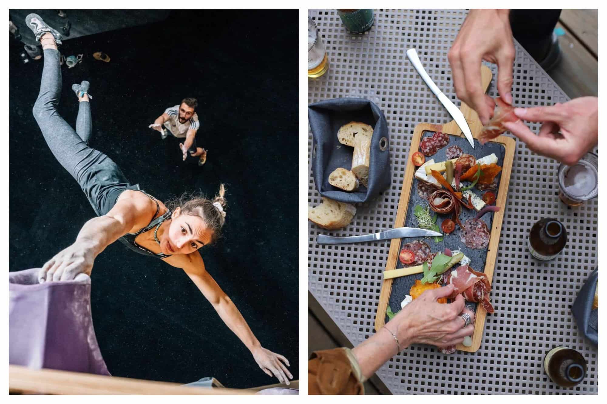 An overhead shot from the top of the wall looking down at French climber Agathe Calliet hanging from one hand on the final hold of a route. Two people tuck into a charcuterie board with cheese and pickles and bottles of beer in the cafeteria of Vertical Art.